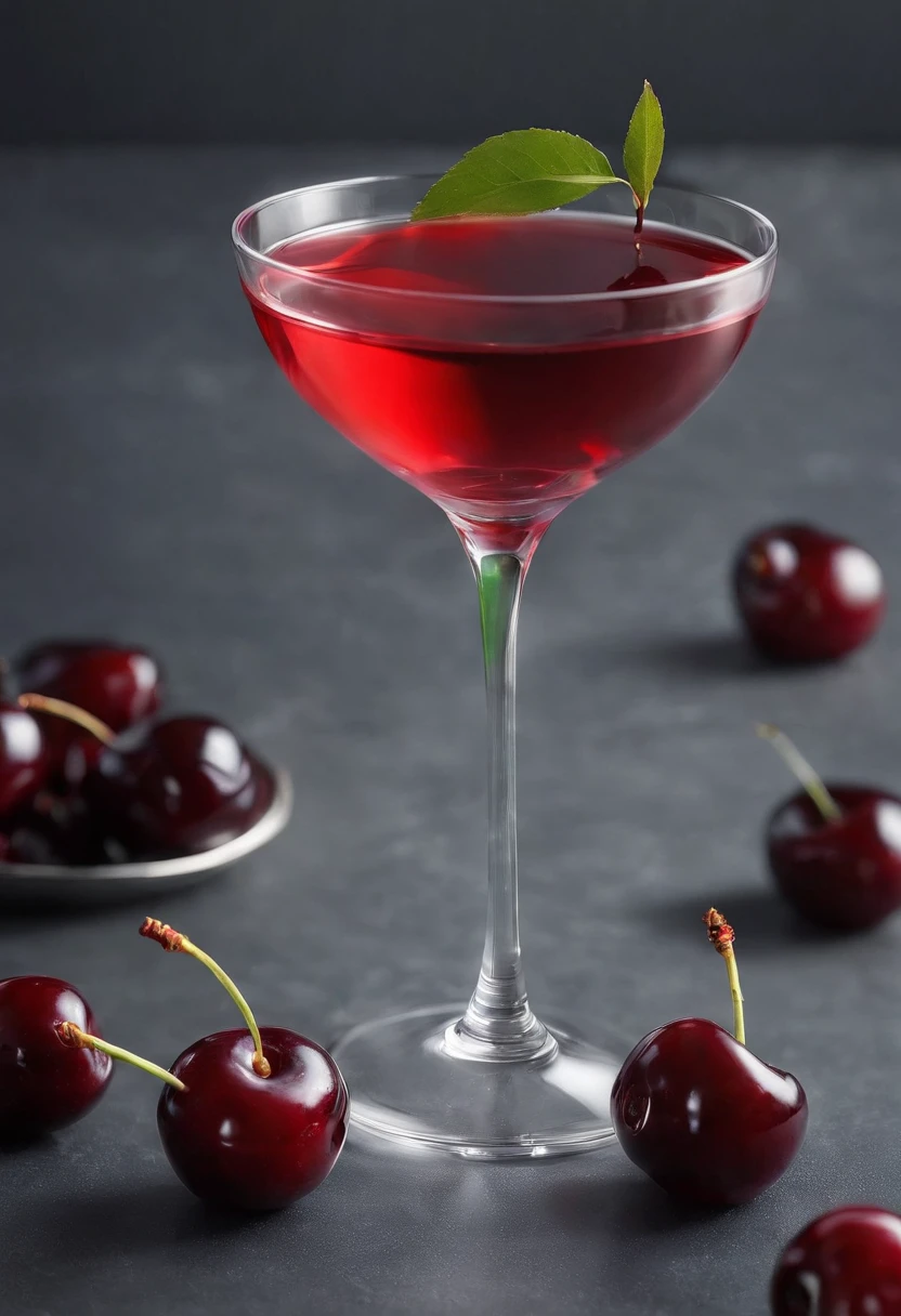 A glass of cherry juice with some cherry around it, very cool and fresh, add some leaves, add some ice cubes, in a cinematic sudio, realistic photography, winning photography awards, studio lighting, diffused lighting, super details in shadows, super details in the glass, work by best food photography in the world