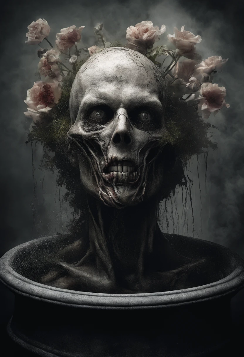scary picture,Man head in a flower pot,No eyeballs,open open mouth,bleed,nigth