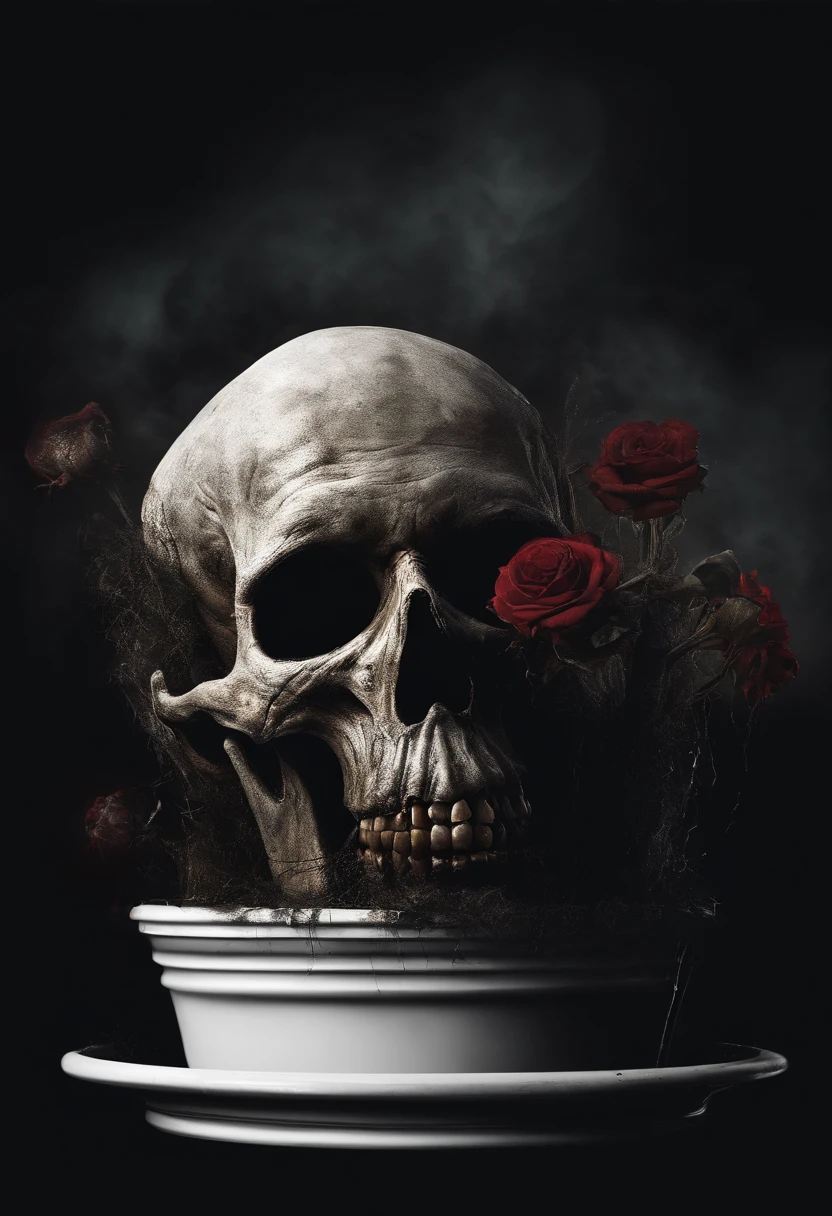 scary picture，Man head in a flower pot，No eyeballs，open open mouth，bleed，nigth