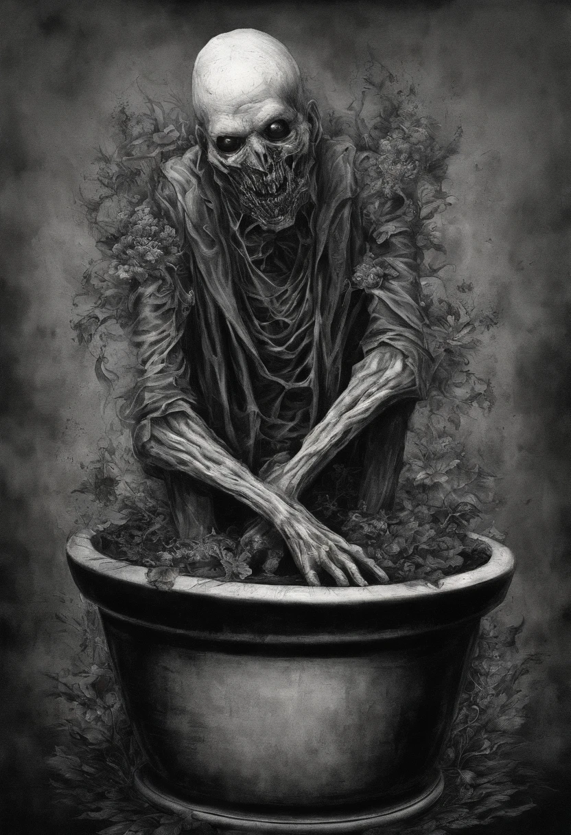scary picture,Man head in a flower pot,No eyeballs,open open mouth,bleed,nigth