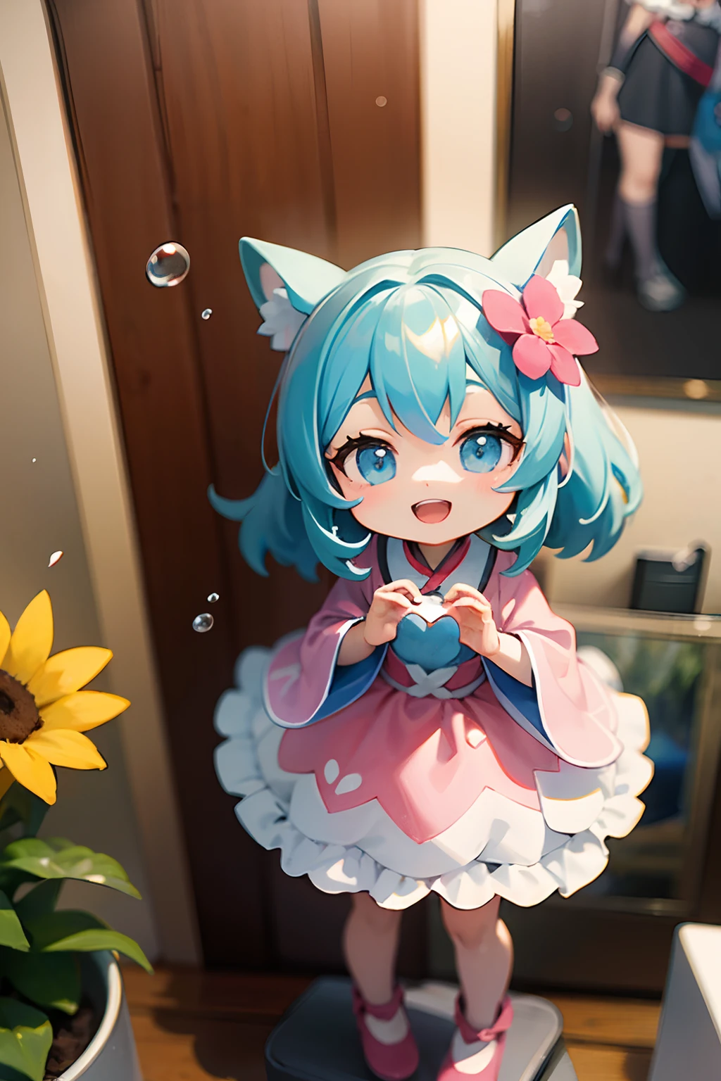 photoRealstic、Doll standing in front of the painting(nendroid)、Open mouth and big smile、Water droplets on the cheeks、Make a heart with both hands in a cute pose、watercolor Nendoroid、(High Definition Figure)、Flowing iridescent silk、up of face、Eye Up、Colorcon with heart pattern、Floral dress、There are also flowers in front of the nendroids、flower petals、season!!: 夏天☀ 🍂