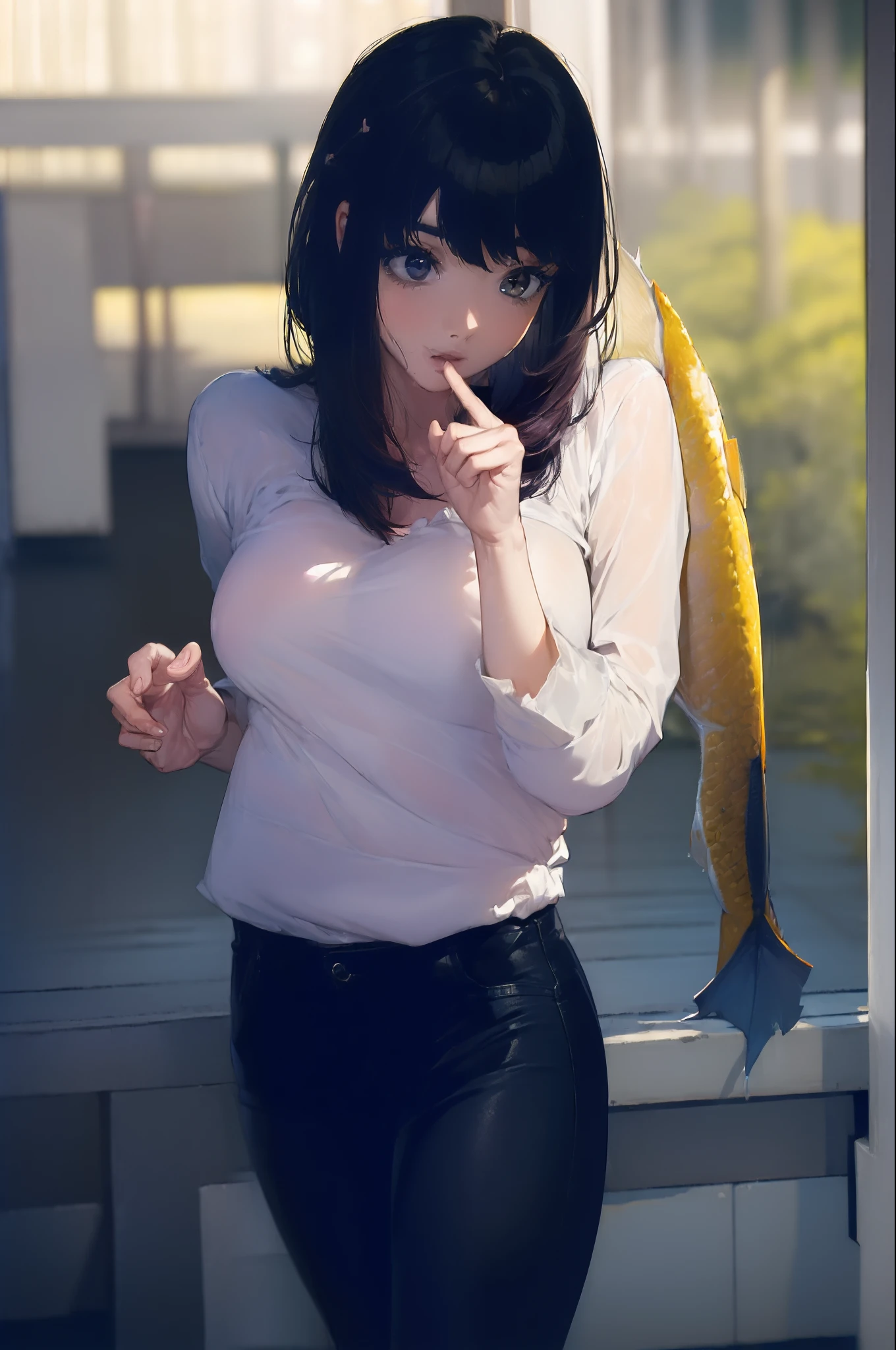 ((((Catching big fish:1.5)))),((Female 28 years old)),((Best Quality:1.5)),(((Hands with the correct number and structure of fingers:1.4))),((Lakeside:1.37)),hight resolution,ultra-detailliert,masterpiece,best qualtiy,(Eight-headed body),Black hair, long eyeslashes, Solid Circle Eyes, drop shadow, Atmospheric perspective,Super Detail, ccurate, small brest,(Black jacket and black jeans :1.1),top-quality, blurry backround, bokeh dof:1.2, (masterpiece:1.3), Atmospheric perspective,Super Detail,dynamic compositions, Ultra High Quality,
