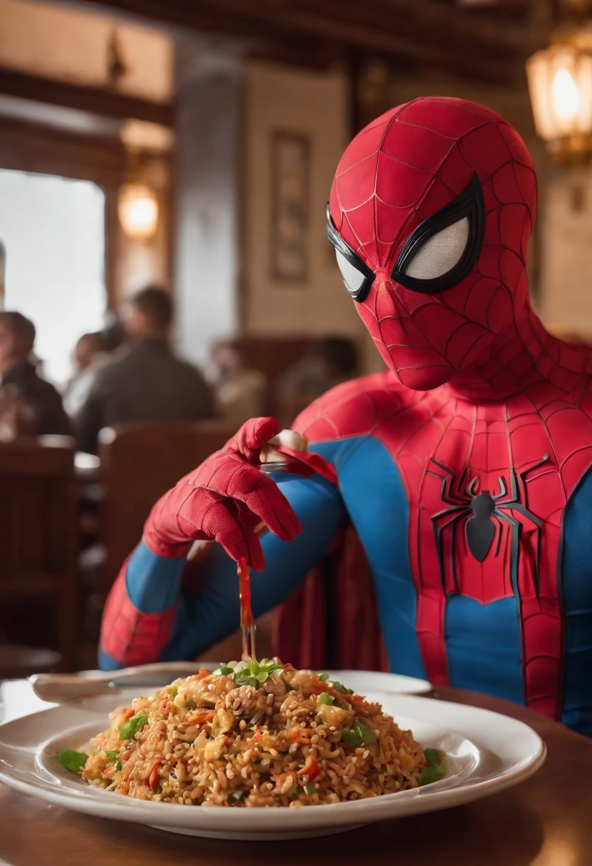 Cinematographer, ultra realista, Ropa detallada, Bellamente detallado, UHD, HDR, Altas Resoluciones, ultra detallado, Detalles intrincados, Efectos texturales, absurdos, obra maestra, 8k:1.2. En esta imagen, vemos a Spider-Man en un inusual descanso de sus actividades heroicas. He's standing in a chic Asian restaurant in his iconic costume......
Spider-Man holds a bowl of fried Chinese rice combined with oriental stir-fried noodles in his hands skillfully., usando unos elegantes palillos chinos para llevar un bocado a su boca. The plate is full of fried rice, salteado. The restaurant is decorated with traditional Chinese elements, como linternas rojas colgando del techo y dragones dorados esculpidos en las paredes. The dim light of the lanterns creates a warm and welcoming atmosphere in the place.