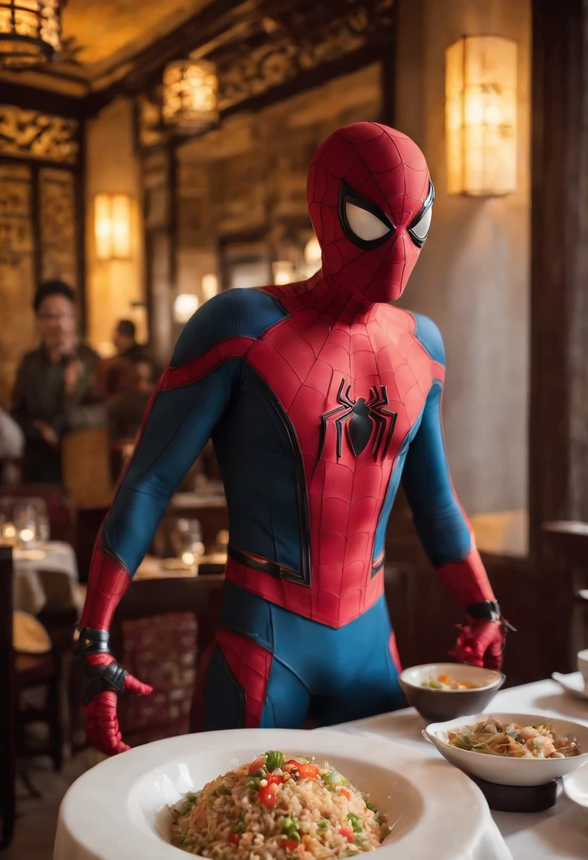 Cinematographer, ultra realista, Ropa detallada, Bellamente detallado, UHD, HDR, Altas Resoluciones, ultra detallado, Detalles intrincados, Efectos texturales, absurdos, obra maestra, 8k:1.2. En esta imagen, vemos a Spider-Man en un inusual descanso de sus actividades heroicas. He's standing in a chic Asian restaurant in his iconic costume......
Spider-Man holds a bowl of fried Chinese rice combined with oriental stir-fried noodles in his hands skillfully., usando unos elegantes palillos chinos para llevar un bocado a su boca. The plate is full of fried rice, salteado. The restaurant is decorated with traditional Chinese elements, como linternas rojas colgando del techo y dragones dorados esculpidos en las paredes. The dim light of the lanterns creates a warm and welcoming atmosphere in the place.