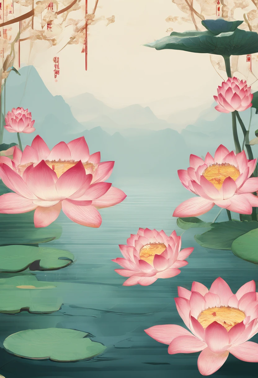 Heat rush,Traditional Chinese solar terms,(((water lilies))),National style,Ink wind,solid color backdrop,parched,(((lotuses))),Landscape view,Ink wind,solid color backdrop