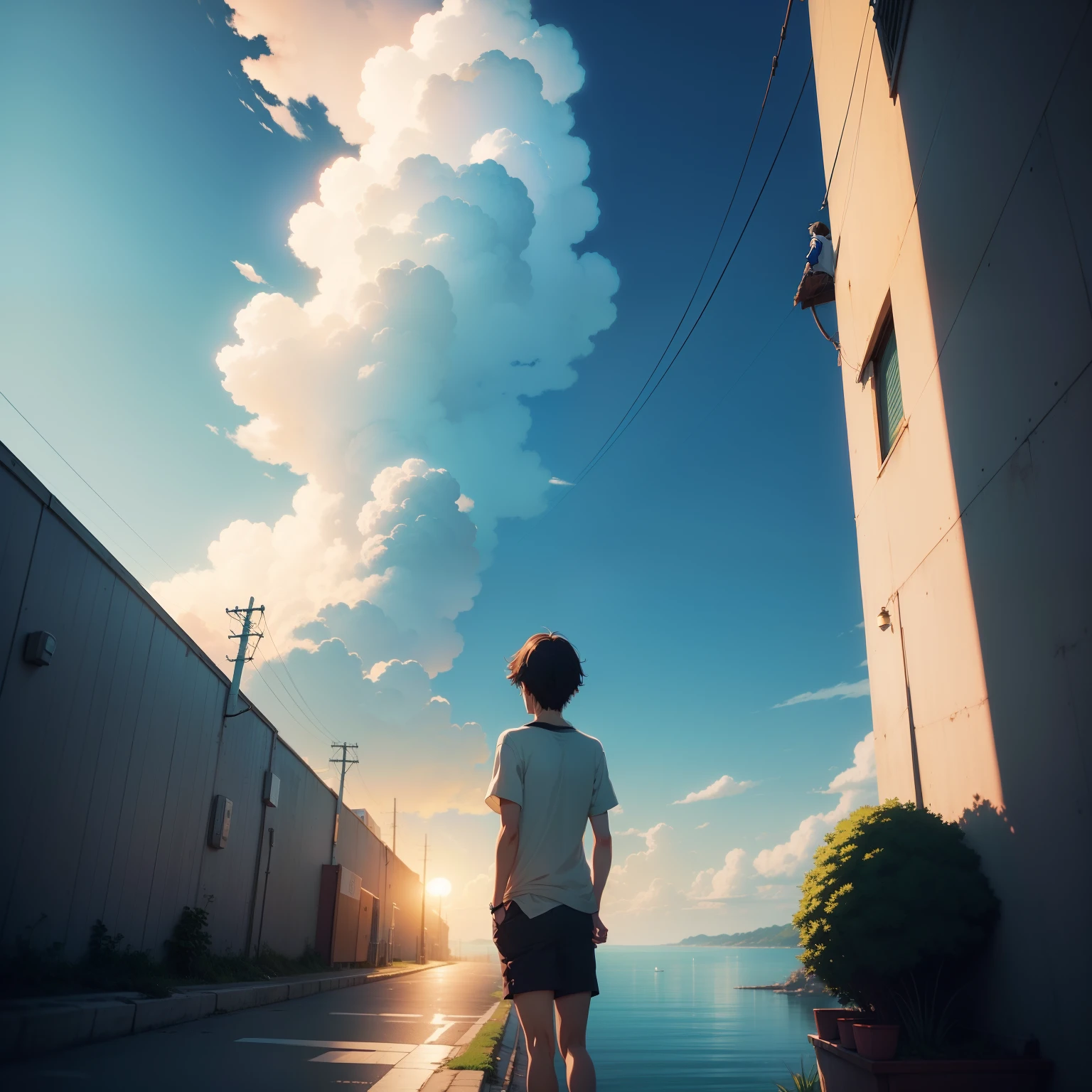Gato olhando para o horizonte, estilo anime, estilo lofi, 4k, alta qualidade, estilo makoto shinkai,