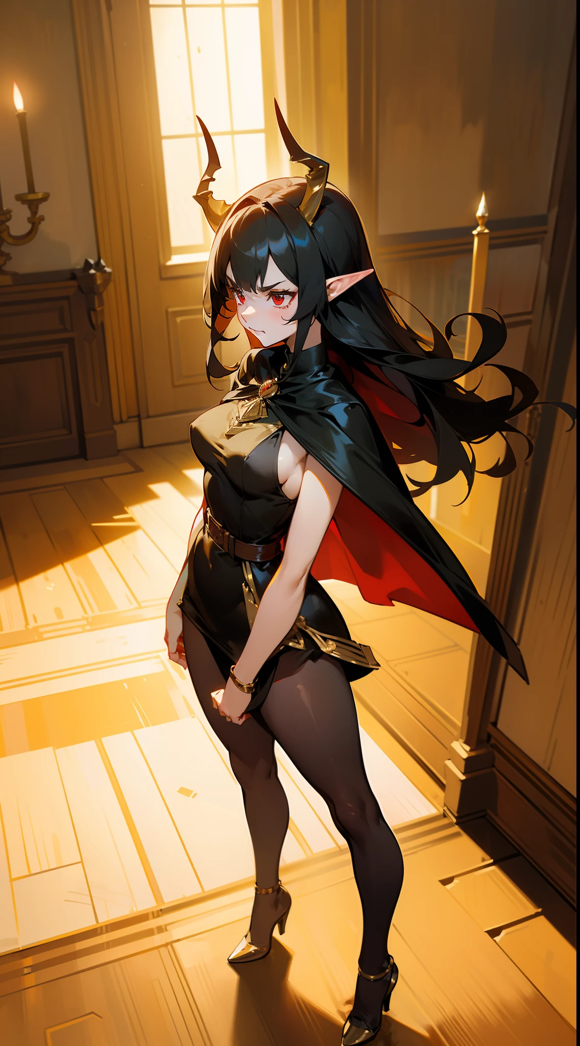 1woman,40s,solo,angry face,golden and black short dress,medium tits,black hair,long hair,red eyes,elves ears,golden horns,pantyhose,cape,(((standing in front of a room inside a castle)))