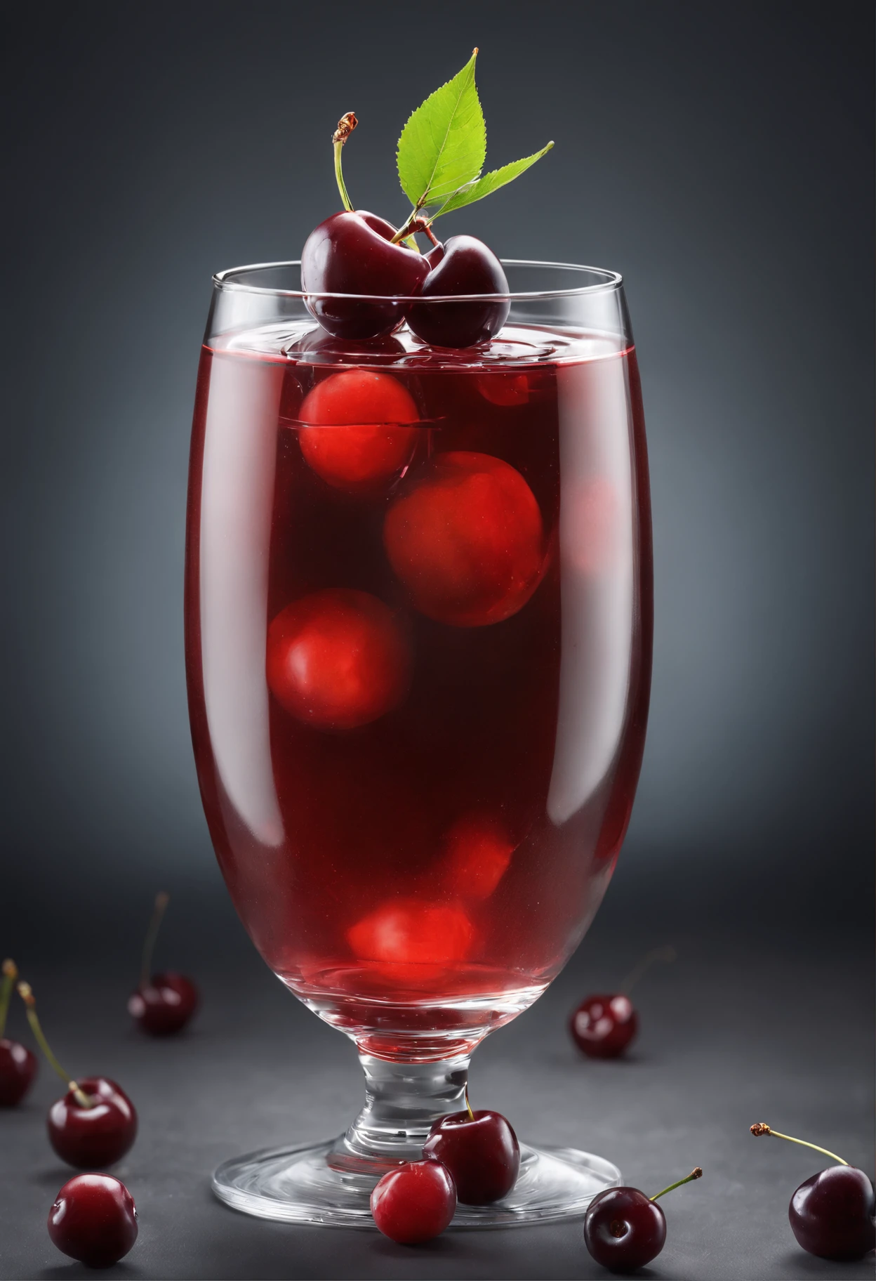 A glass of cherry juice with some cherry around it, very cool and fresh, add some leaves, add some ice cubes, in a cinematic sudio, realistic photography, winning photography awards, studio lighting, diffused lighting, super details in shadows, super details in the glass, work by best food photography in the world