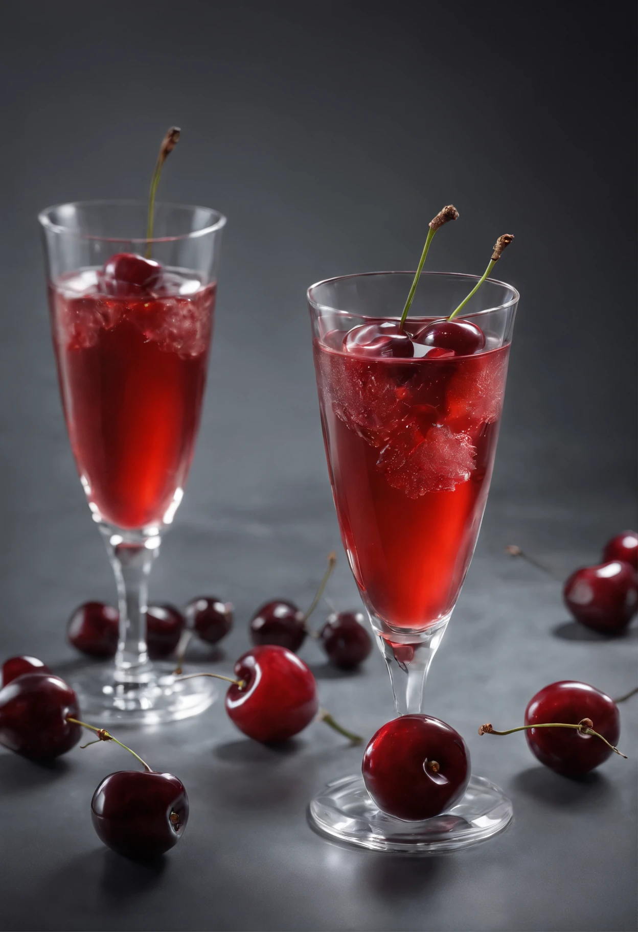 A glass of cherry juice with some cherry around it, very cool and fresh, add some leaves, add some ice cubes, in a cinematic sudio, realistic photography, winning photography awards, studio lighting, diffused lighting, super details in shadows, super details in the glass, work by best food photography in the world