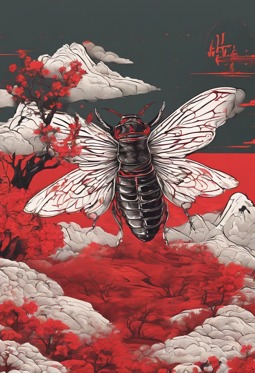Summer solstice,Traditional Chinese solar terms,(((Ichijo red))),National style,Ink wind,solid color backdrop,(((cicada))),Landscape view,Ink wind,solid color backdrop