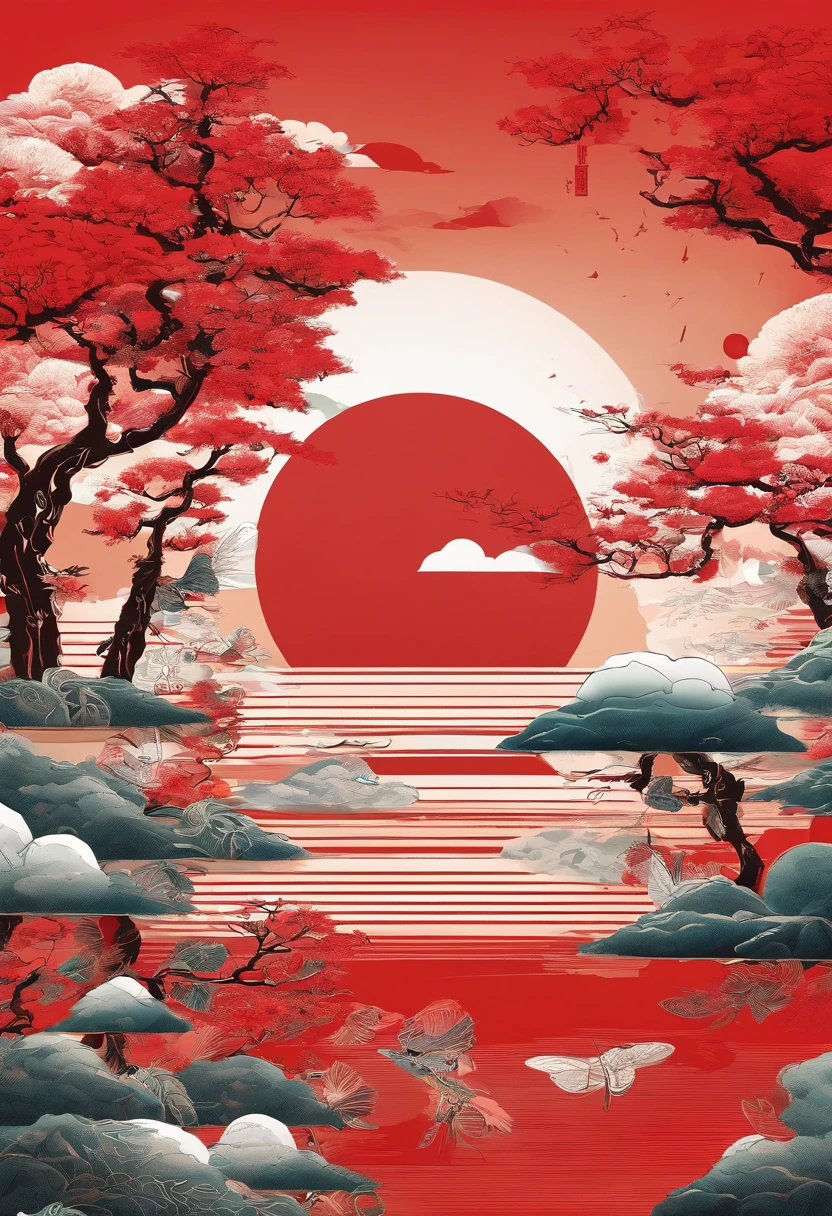 Summer solstice，Traditional Chinese solar terms，(((Ichijo red)))，National style，Ink wind，solid color backdrop，(((cicada)))，Landscape view，Ink wind，solid color backdrop