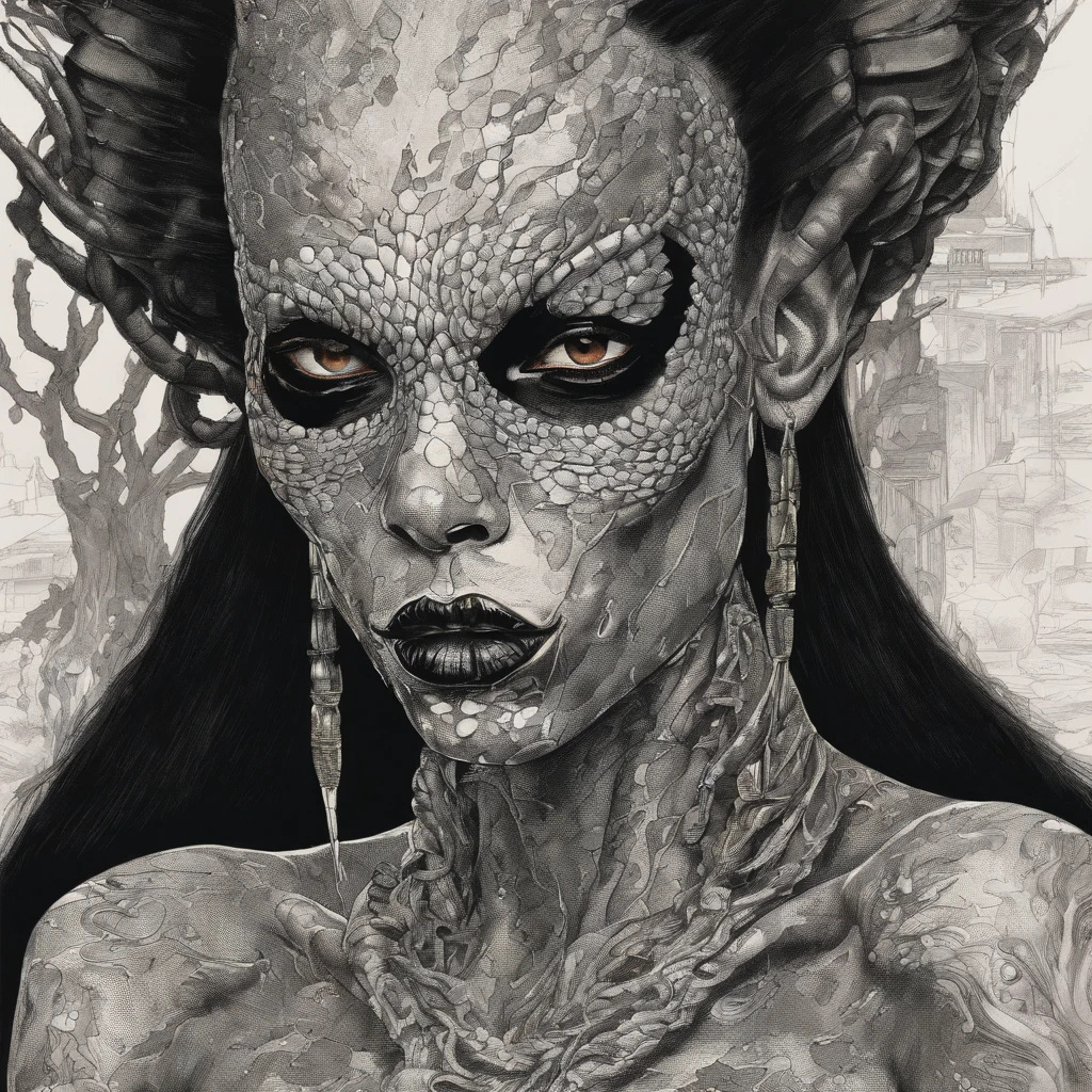 Medusa, hand drawn sketch, pen and ink line illustration, candid, double exposure, silhouette, optical illusion,((art style "Sean Gordon Murphy" comic drawing, splash panel)), nyctophobia, full body portrait, snake skin dress, (body, Naga, snakefolk, lower body snake tail, snake woman hybrid, bald, hairless, skeleton, body drawn in Frederic Delavier musculature anatomical illustration art style, snake skin tattoos, piercing eyes, snake pupils), (face, ornate black metal corpse paint, resembles Grace Jones), craftsmanship nuance, full body portrait, (colors, forest green to earth brown, merge bleak muted deep fiery radiant glowing ROYGBIV), (background, pine barrens, entropy, rewilding, magic hour sunset with galaxy stars, cosmos), subliminal orchids, (horror, abstract, surreal, body, cosmic), (art style Gerardo Zaffino charcoal), unfinished,