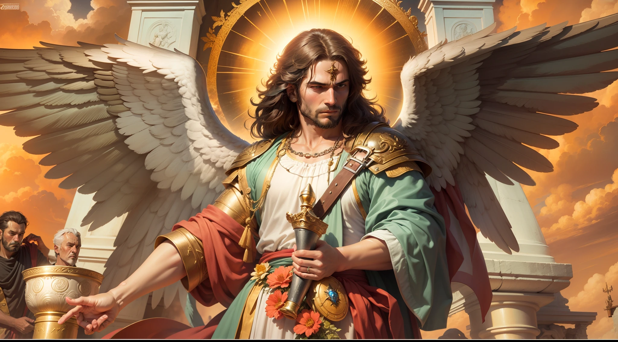 Closeup of an image a man angel with a large and long sword with attack position in right hand, in the other left hand holding a scale, Angel dressed as a Roman soldier looking at the ground, arcanjo homem com asas grandes, o anjo da fortuna, perfeito, Realistic, Biblical setting, Biblical Paradise Setting, sol e nuvens ultras realistas, flores e velas, illuminated archangel of heaven, flores coloridas, velas acesas, roupas brancas e vermelhas