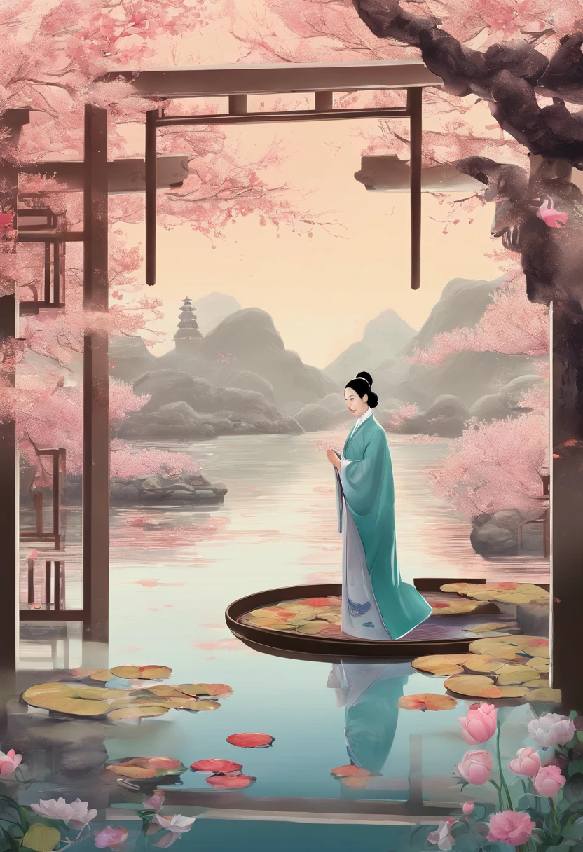 Heat rush,lilypads,Flowers bloom ponds,Traditional Chinese garden,A woman standing next to a flower in Hanfu,Landscape of people