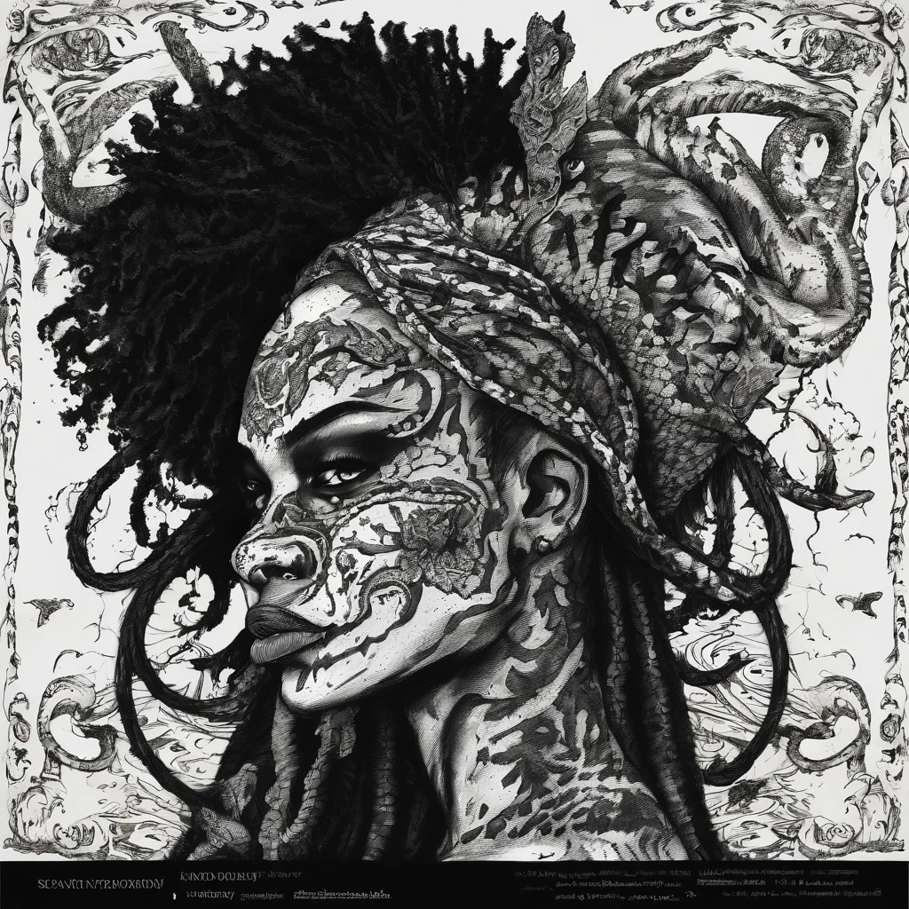 Medusa, hand drawn sketch, pen and ink line illustration, candid, double exposure, silhouette, optical illusion,((art style "Sean Gordon Murphy" comic drawing, splash panel)), nyctophobia, full body portrait, snake skin dress, (body, Naga, snakefolk, lower body snake tail, snake woman hybrid, bald, hairless, skeleton, body drawn in Frederic Delavier musculature anatomical illustration art style, snake skin tattoos, piercing eyes, snake pupils), (face, ornate black metal corpse paint, resembles Grace Jones), craftsmanship nuance, full body portrait, (colors, forest green to earth brown, merge bleak muted deep fiery radiant glowing ROYGBIV), (background, pine barrens, entropy, rewilding, magic hour sunset with galaxy stars, cosmos), subliminal orchids, (horror, abstract, surreal, body, cosmic), (art style Gerardo Zaffino charcoal), unfinished,