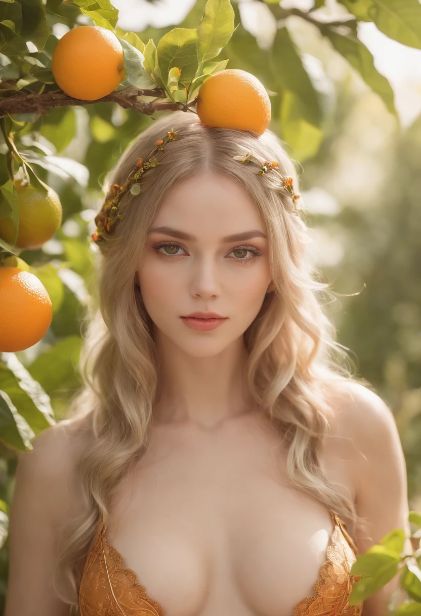 (ultra high res,best quality), (8k, best quality, masterpiece), ((nsfw)),best quality, masterpiece, illustration,CG ,unity ,wallpaper, official art, Amazing, finely detail, an extremely delicate and beautiful,extremely detailed, highly detailed, sharp focus,rich background,blurry background, ((small breasts)) With robes that shimmer like citrus fruit, this enchantress wields the power of oranges, lemons, and limes. Her staff is topped with a glowing orb that changes color, resembling the shifting shades of a sunset over an orchard. Her hair is styled in intricate braids adorned with citrus slices, and her eyes have a sparkling vibrancy like freshly squeezed juice, ((perfect_pussy_labia))