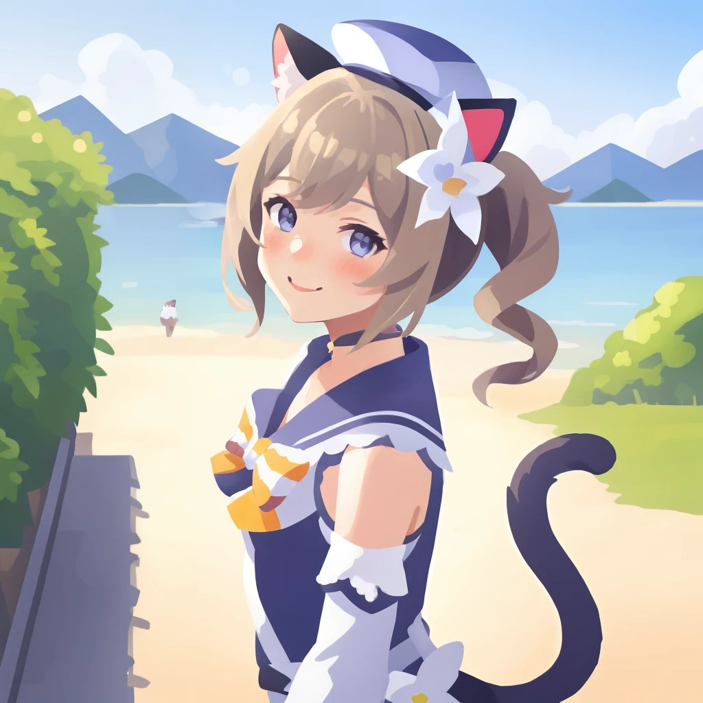 barbarasum, animal ears, fcat ears, cat girl, cat tail, hair flower, hair ornament, , short hair, tail, coloredic0n icon,upper body, smile, blush, outdoors, day, simple background, blue sky, short hair, sky, temple, looking at viewer, stairs, mountain, moody lighting, facing viewer