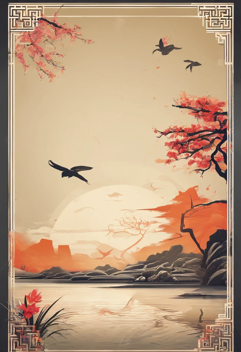 Light summer，Traditional Chinese solar terms，(((Lingxiaohua)))，National style，Ink wind，solid color backdrop，parched，(((cricket)))，Landscape view，Ink wind，solid color backdrop