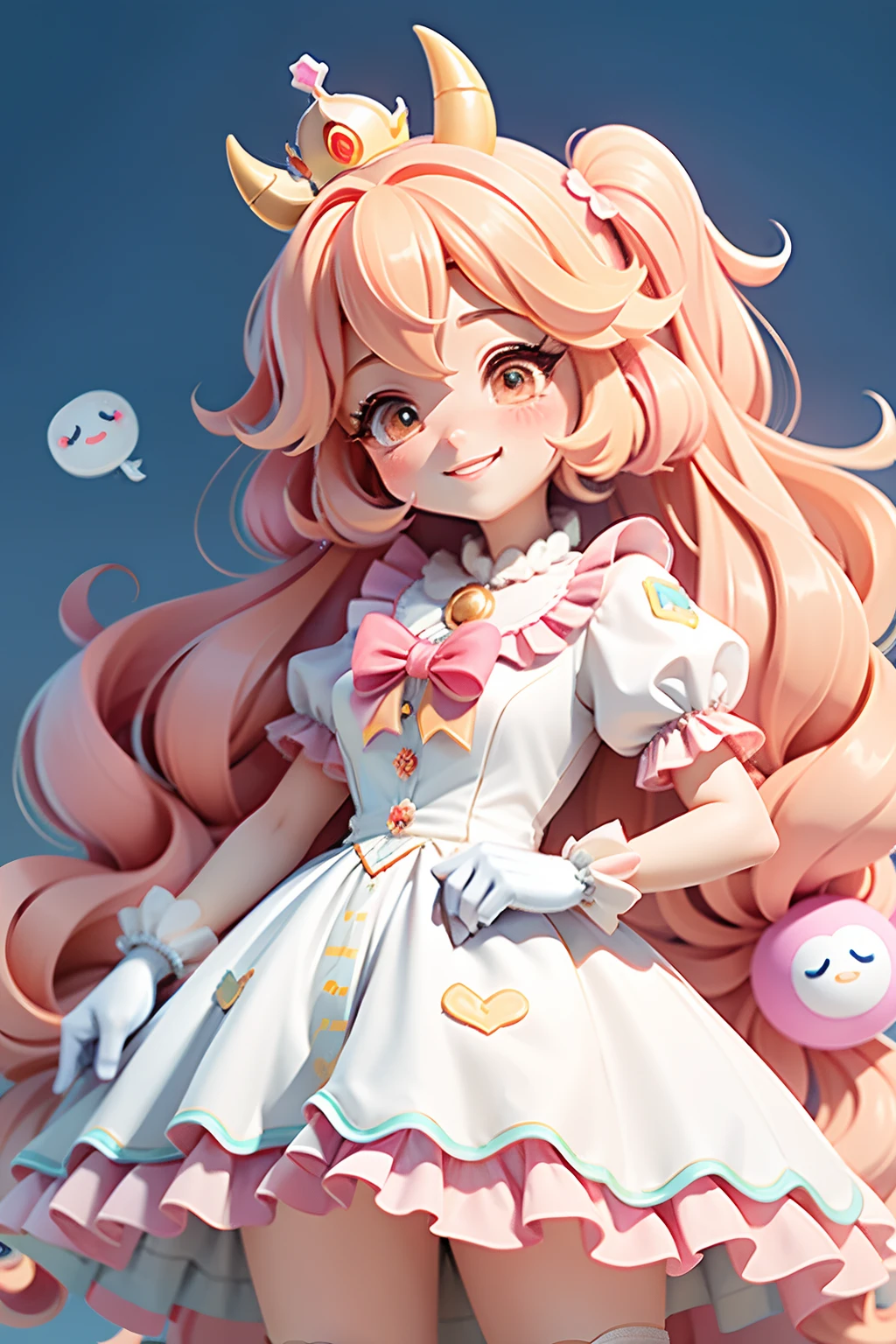 Loli Anime girl(princess peach), wearing white gloves, colorful dress, cute happy smile face, blushing, cute big horn, cute uwu face, long colorful hair, with feather design, party spray pain background, colorful paint dress, cabelo mesclado, preso, modern accessories , olhos delicados e detalhados, sorriso delicado e detalhados, opalescente, Perolescente, Holographic, fundo escuro