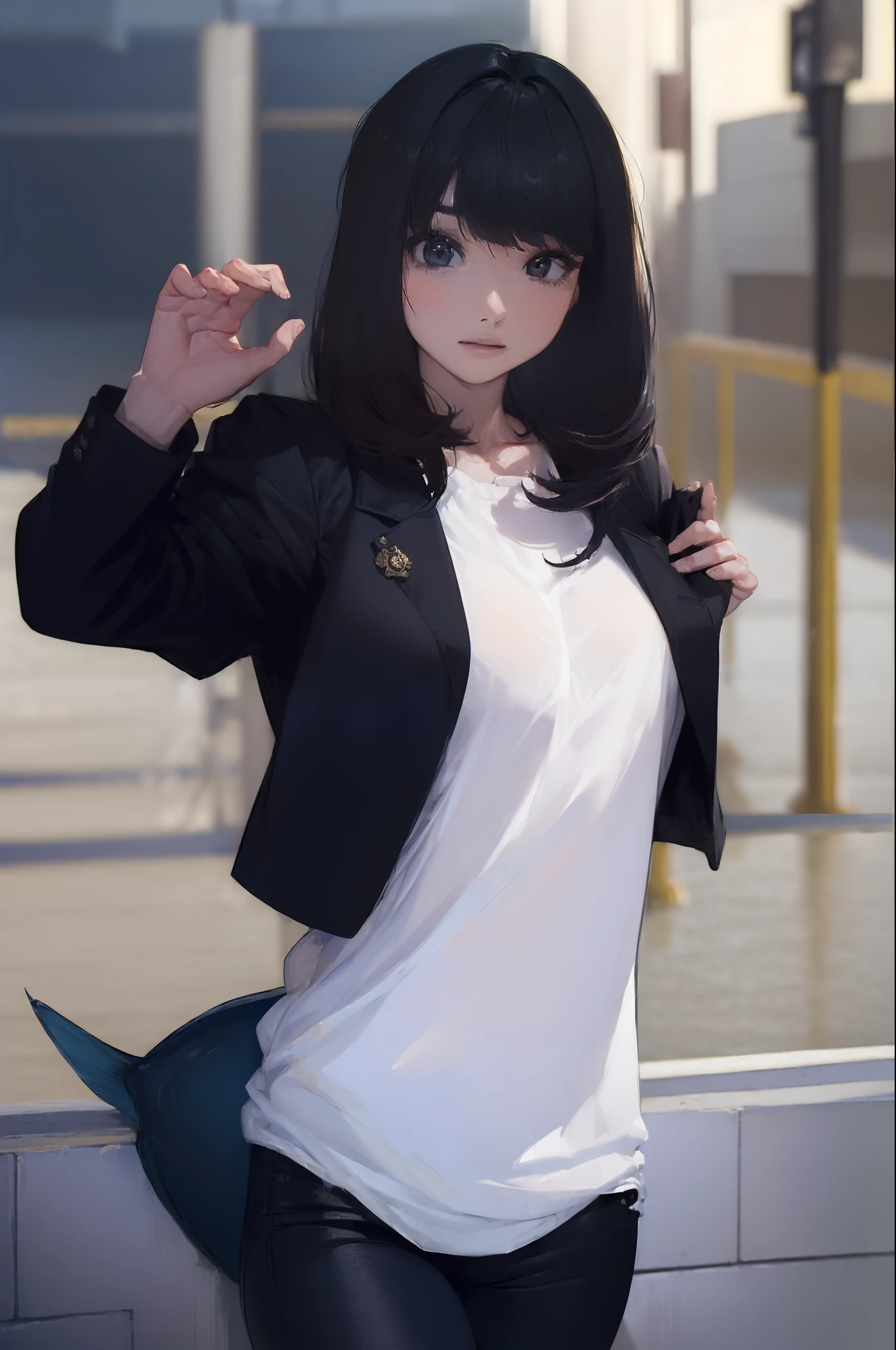 ((((Catching big fish:1.5)))),((Female 28 years old)),((Best Quality:1.5)),(((Hands with the correct number and structure of fingers:1.4))),((Lakeside:1.37)),hight resolution,ultra-detailliert,​masterpiece,best qualtiy,(Eight-headed body),Black hair, long eyeslashes, Solid Circle Eyes, drop shadow, Atmospheric perspective,Super Detail, ccurate, small brest,(Black jacket and black jeans :1.1),top-quality, blurry backround, bokeh dof:1.2, (​masterpiece:1.3),  Atmospheric perspective,Super Detail,dynamic compositions, Ultra High Quality,