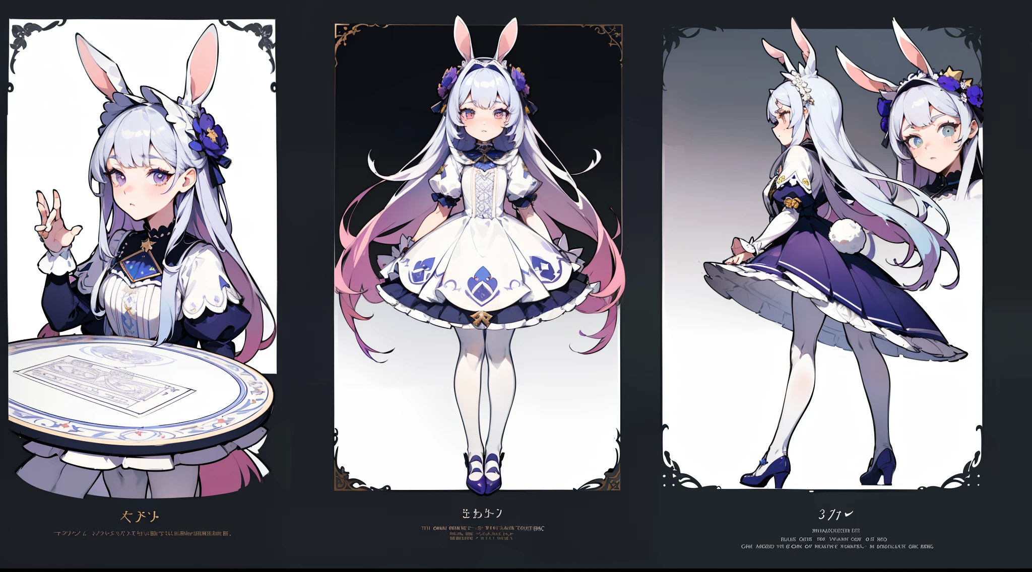 Masterpiece, Highest quality, Detailed face, CharacterDesignSheet，perfectly proportions，full bodyesbian，Full of details, Multiple poses and expressions, Highly detailed, beuaty girl，Gradient color，Wear a rabbit outfit，Star decoration，Lace，lacepantyhose, High Balance,Natural light， (((Detailed character table, Frontal view, Side view, three fourths view)))