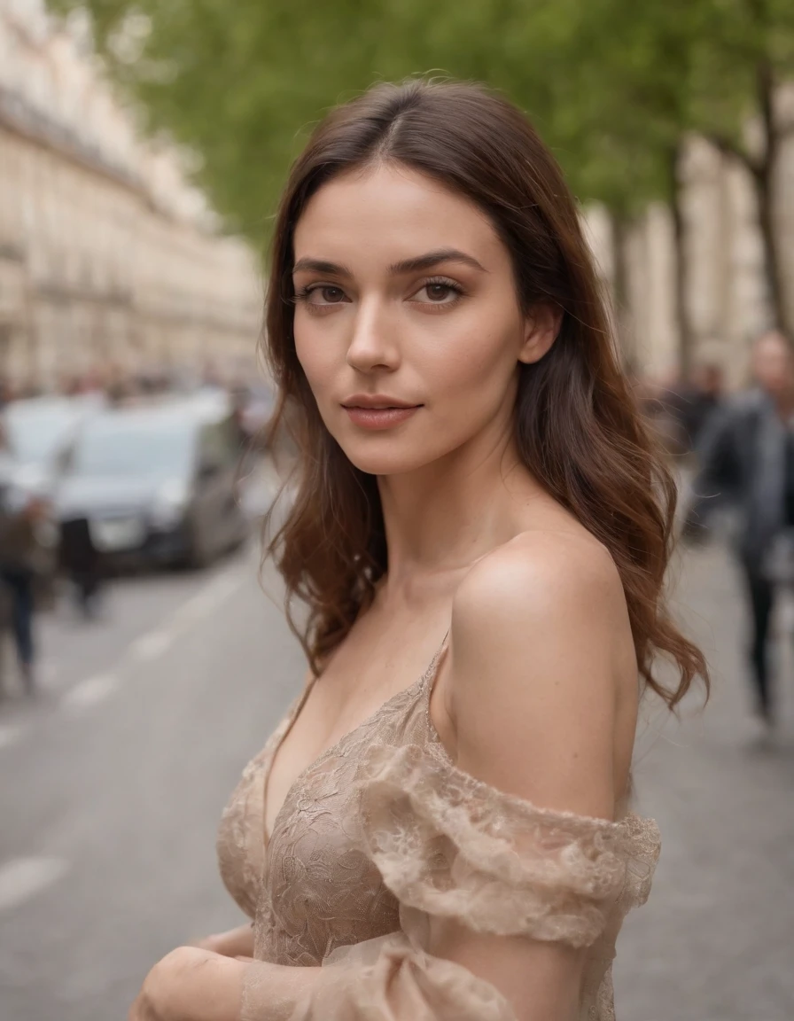 A woman standing on the street in France, Eiffel Tower, multiculturalism, sigma 85mm f/1.4 dg hsm art, Spanish school, naked honesty,