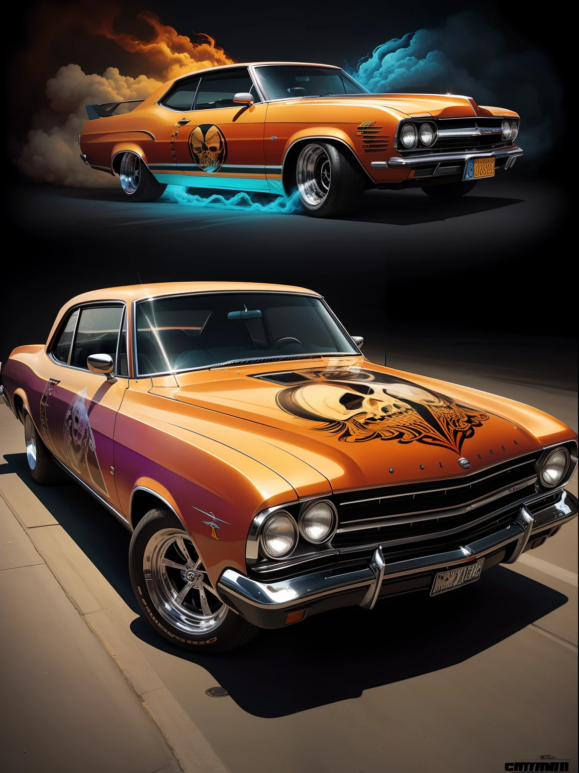 2D vector illustration of a car with a skull on it art for sublimation, arte do design automotivo, Arte do Chrome, pintura automotiva, obras de arte impressionantes, pintura digital altamente detalhada, airbrush art, arte digital altamente detalhada, dramatic artwork, carro feito de carne, pintura de carro de cobre antigo manchado, airbrush digital art, Mark Brooks detalhou, chicano airbrush art, Swagger! Cultura Lowrider