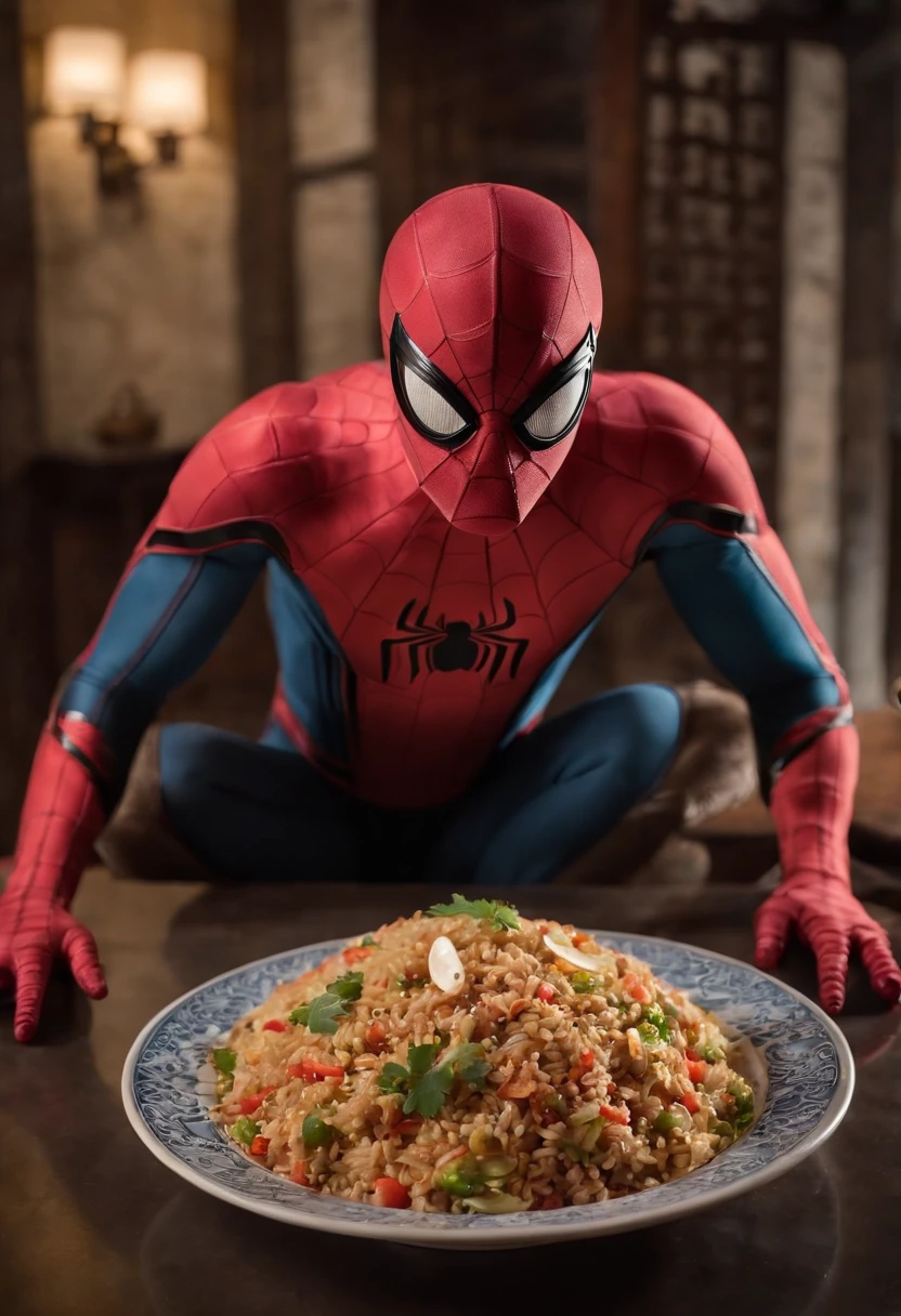 Cinematographer, ultra realista, Ropa detallada, Bellamente detallado, UHD, HDR, Altas Resoluciones, ultra detallado, Detalles intrincados, Efectos texturales, absurdos, obra maestra, 8k:1.2. En esta imagen, vemos a Spider-Man en un inusual descanso de sus actividades heroicas. He's standing in a chic Asian restaurant in his iconic costume.......
Spider-Man holds a bowl of fried Chinese rice combined with oriental stir-fried noodles in his hands skillfully., usando unos elegantes palillos chinos para llevar un bocado a su boca. The plate is full of fried rice, salteado. The restaurant is decorated with traditional Chinese elements, como linternas rojas colgando del techo y dragones dorados esculpidos en las paredes. The dim light of the lanterns creates a warm and welcoming atmosphere in the place.