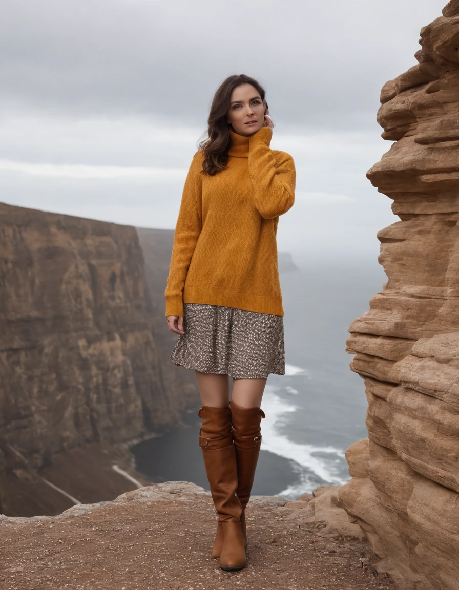 brunette wearing yellow sweater and brown boots in front of cliff, in the style of dark orange and white, monochrome geometry, zigzags, white and beige, photo taken with provia, dark beige and white, reefwave