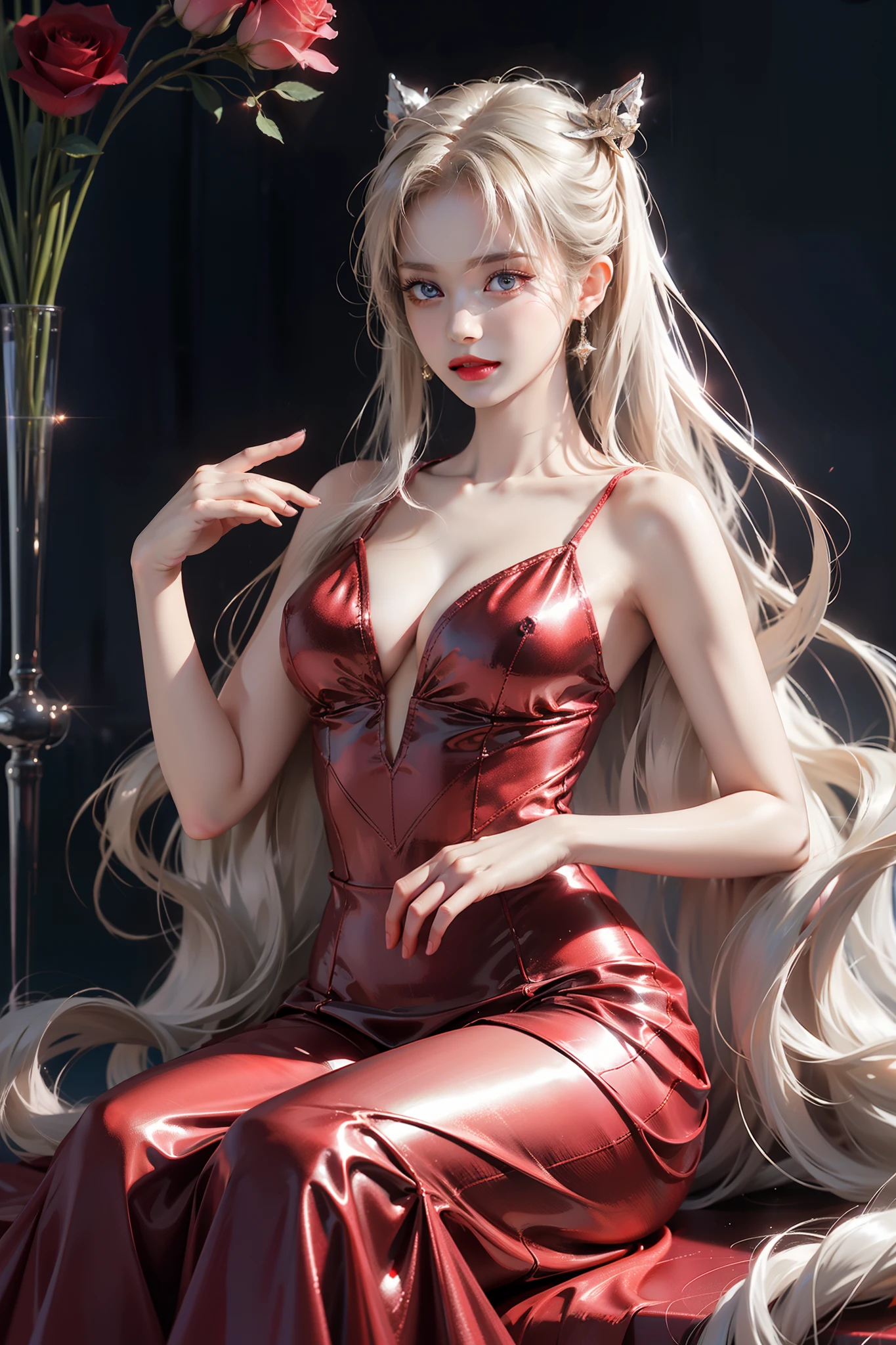 Top quality work，Photorealistic works，Ultra Premium Graphics，8K HD CG works，High-quality graphics，High-definition fine CG works，10x pixel，Ultra-fine details：1.1，Advanced technical details：1.1Photographically realistic，Indoor lighting effects：1.5，Natural light：1.5. light effect（Virtual Light Effects：1.8），超A high resolution，Shiny red dress，Long silver hair，Silver hair，Transparent hair，High Detail Hair（Premium Hair Detail：1.1）Clear eyes，Good looking double eyelids，Sharp eye makeup, Delicate makeup for eyelashes, Thin eyebrows, ultradetailed eyes，High Nose, lovely red lips, Rose cheeks, Face with delicate makeup , Pretty Face, A perfectly proportioned face,（Advanced facial details：1.1）Collection of shiny red luxury dresses，Bright red sequin dress，Sequin coat，shiny，Tight long skirt，Summer Sexy Hip Wrap Fishtail Sleeveless Commuter Maxi，Horse Stockings 100%Oil Gloss Panst Gloss Silk Luster 8D Black Silk Woman，stiletto heels，mitts，Beautiful long dresses，wonderful dress，Bright Red Series，Haute Couture Dresses Collection，Dress Photography，Authentic dress works，In the banquet hall，Women's Artwork，full-body view，Goddess of Dress，真实感，amazing，Today's eyes are bright