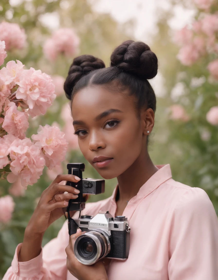 black girl with buns and yellow flowers, dressed in vintage pink blouse, holding retro video camera, frontal illumination, medium close up shot, high quality photo