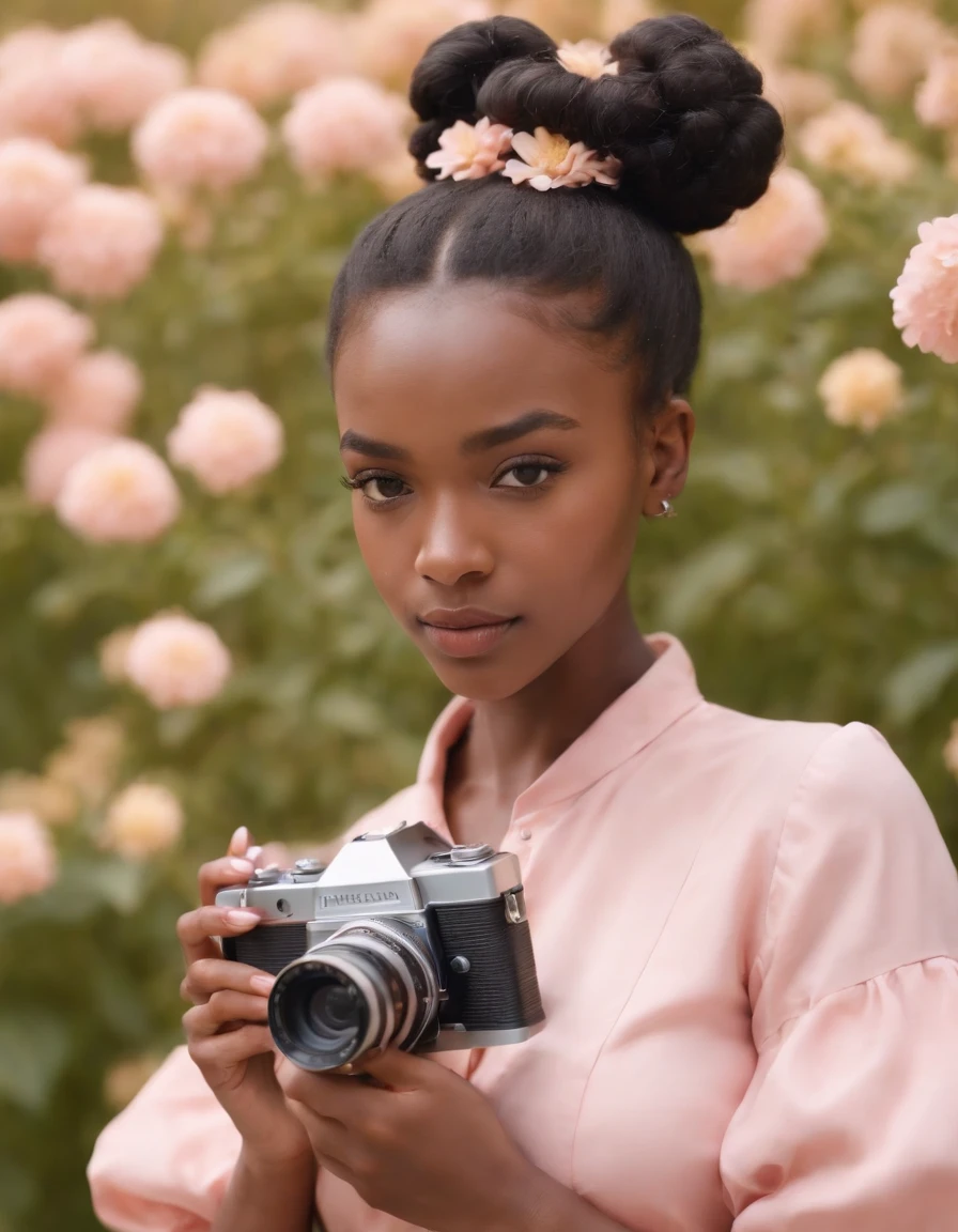 black girl with buns and yellow flowers, dressed in vintage pink blouse, holding retro video camera, frontal illumination, medium close up shot, high quality photo