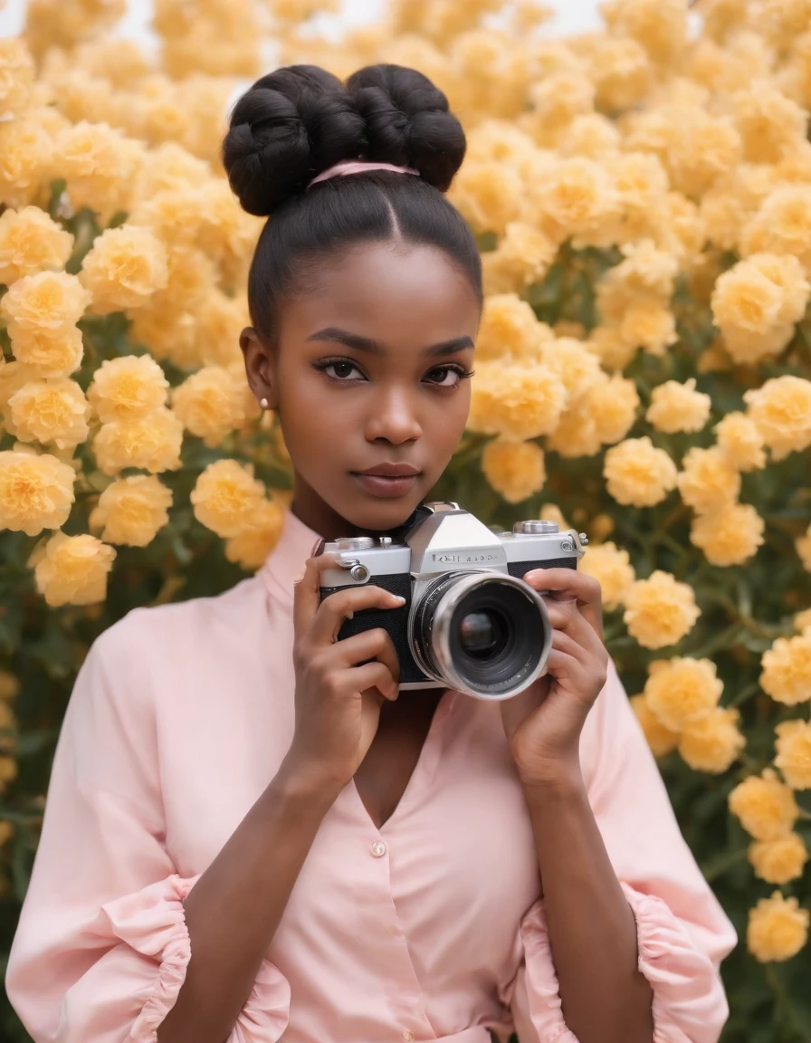 black girl with buns and yellow flowers, dressed in vintage pink blouse, holding retro video camera, frontal illumination, medium close up shot, high quality photo