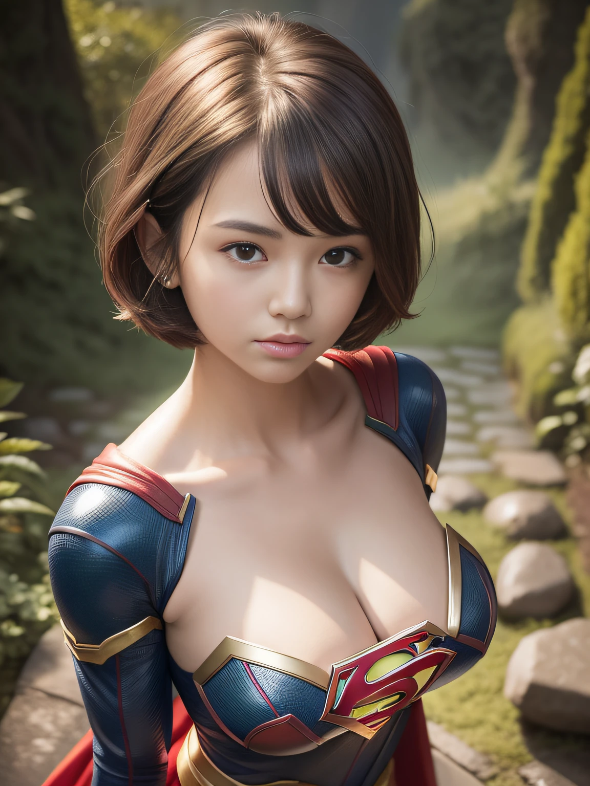 masterpiece、Surrounded by green stones、Puzzled short-haired Supergirl、large full breasts、Looking at the camera、Glossy costume、