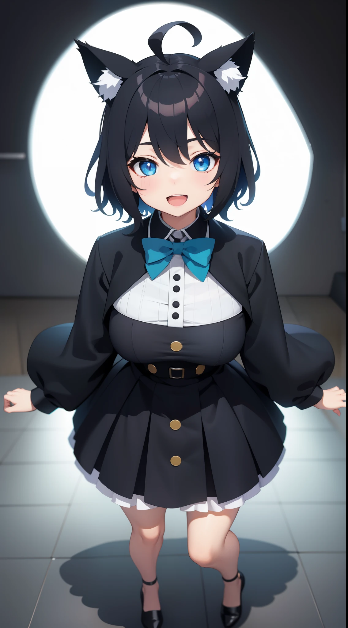 Full body, Upright, Arms at sides, Looking at Viewer, Simple background, 1girl in, Open mouth, Smile, Virtual Youtuber、girl with、、((Best Quality, high_resolution, Distinct_image)),(Black hair), (Black cat ears), (Ahoge), (absurdly short hair), (Wavy Hair), (Blue eyes),、A smile、large full breasts、Twin-tailed
