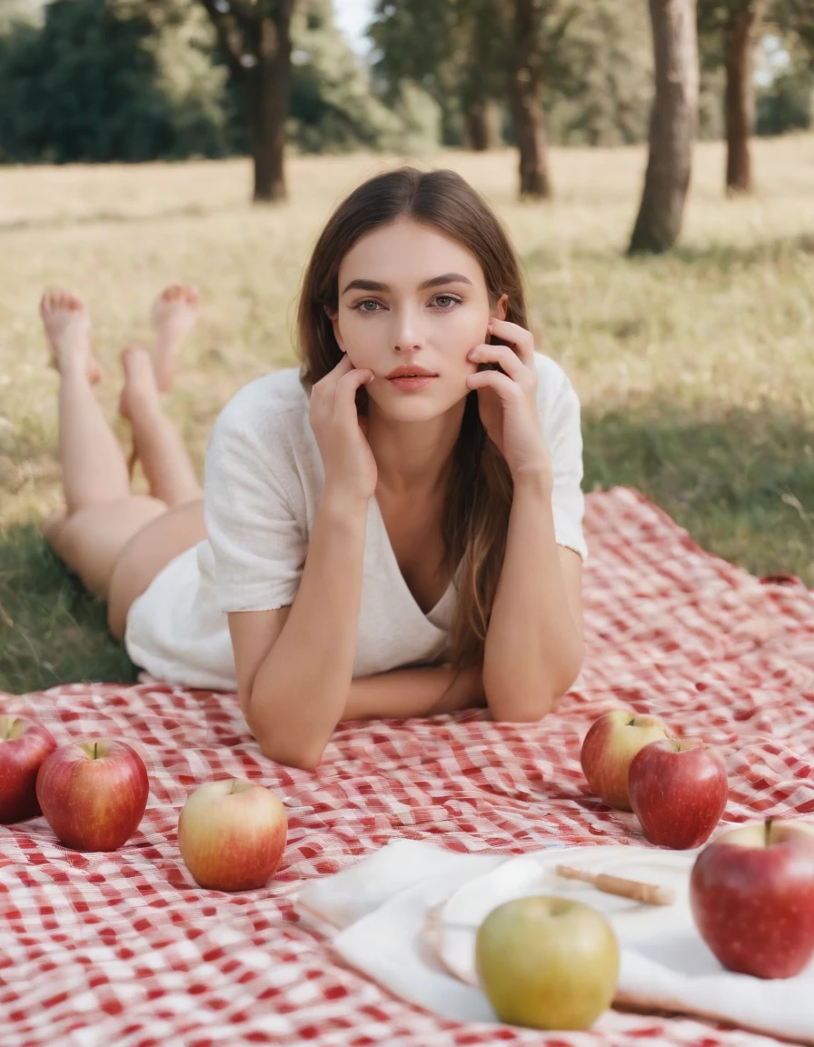 girl making phone calls while on a picnic blanket with apples and picnic tables, in the style of surreal fashion photography, white and gold, animated gifs, , photo taken with ektachrome, portraits, self-portraits, kawaii chic