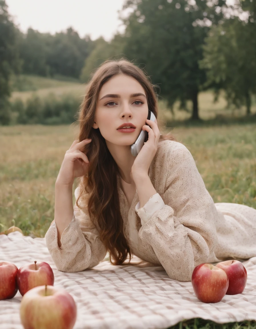 girl making phone calls while on a picnic blanket with apples and picnic tables, in the style of surreal fashion photography, white and gold, animated gifs, , photo taken with ektachrome, portraits, self-portraits, kawaii chic