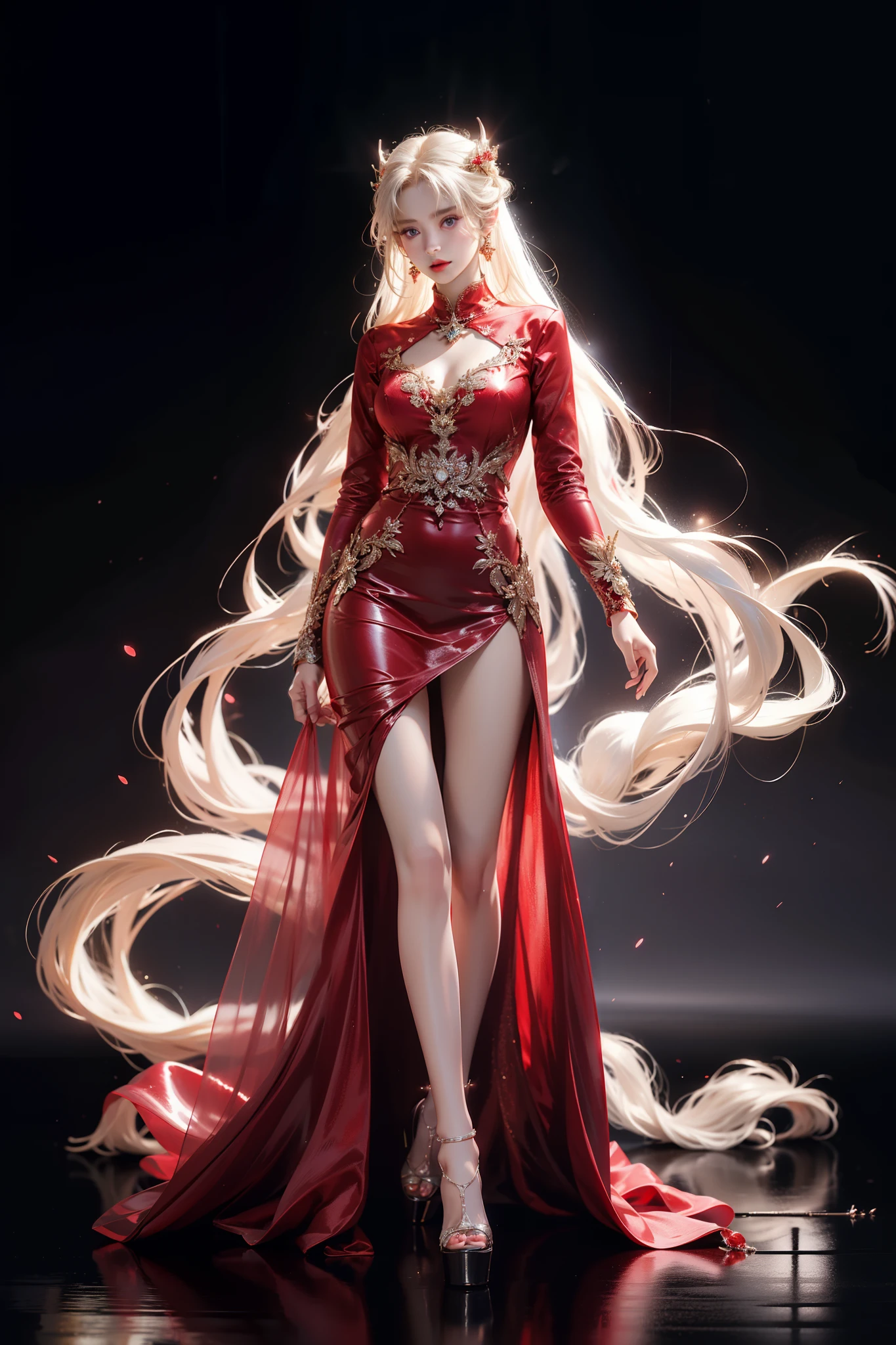 Top quality work,Photorealistic works,Ultra Premium Graphics,8K HD CG works,High-quality graphics,High-definition fine CG works,10x pixel,Ultra-fine details:1.1,Advanced technical details:1.1Photographically realistic,Indoor lighting effects:1.5,Natural light:1.5. light effect(Virtual Light Effects:1.8),超A high resolution,Shiny red dress,Long silver hair,Silver hair,Transparent hair,High Detail Hair(Premium Hair Detail:1.1)Clear eyes,Good looking double eyelids,Sharp eye makeup, Delicate makeup for eyelashes, Thin eyebrows, ultradetailed eyes,High Nose, lovely red lips, Rose cheeks, Face with delicate makeup , Pretty Face, A perfectly proportioned face,(Advanced facial details:1.1)Collection of shiny red luxury dresses,Bright red sequin dress,Sequin coat,shiny,Tight long skirt,Summer Sexy Hip Wrap Fishtail Sleeveless Commuter Maxi,Horse Stockings 100%Oil Gloss Panst Gloss Silk Luster 8D Black Silk Woman,stiletto heels,mitts,Beautiful long dresses,wonderful dress,Bright Red Series,Haute Couture Dresses Collection,Dress Photography,Authentic dress works,In the banquet hall,Women's Artwork,full-body view,Goddess of Dress,真实感,amazing,Today's eyes are bright