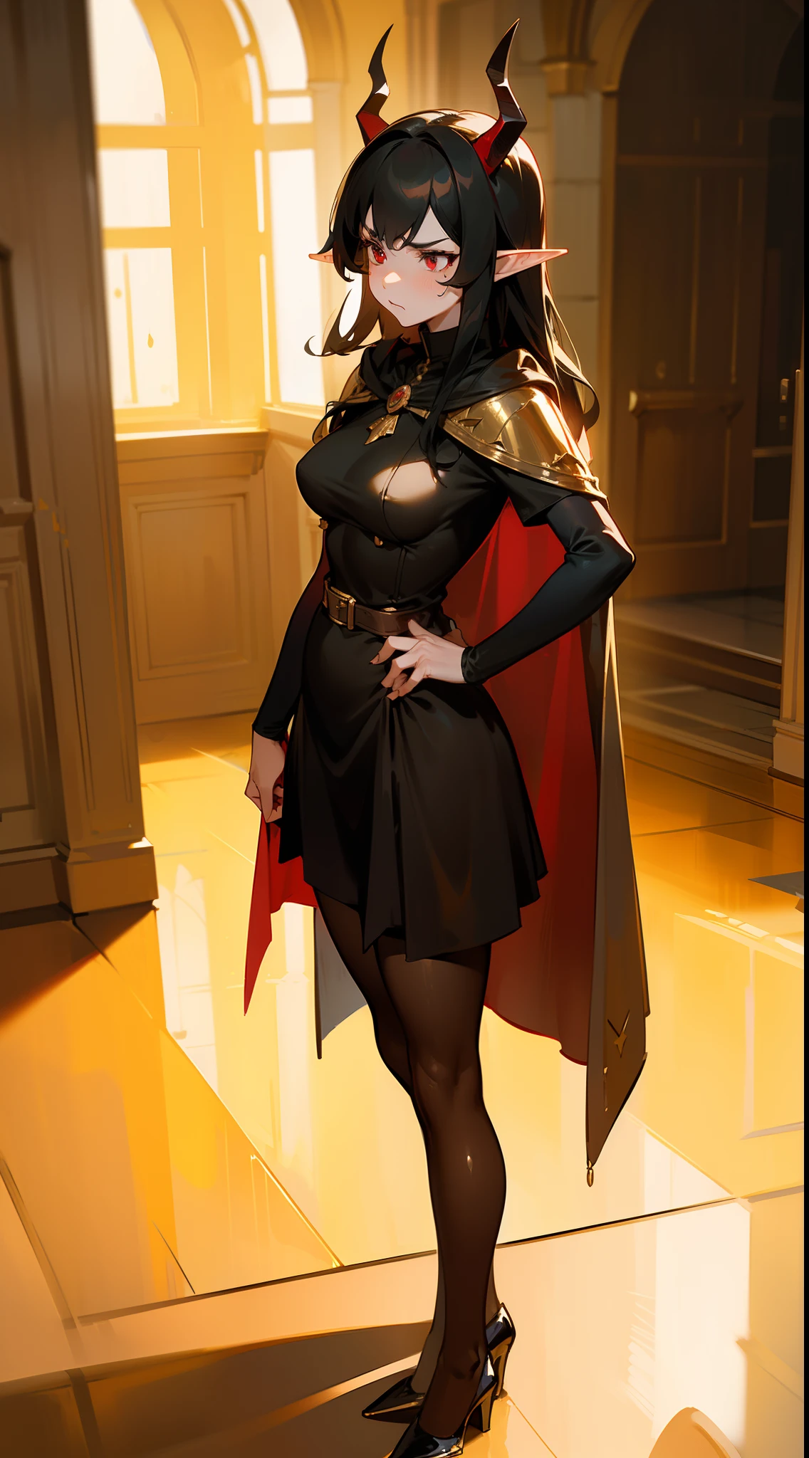 1woman,40s,solo,angry face,golden and black short dress,short sleeve,medium tits,black hair,long hair,red eyes,elves ears,golden horns,pantyhose,long cape,(((standing in front of a room inside a castle)))
