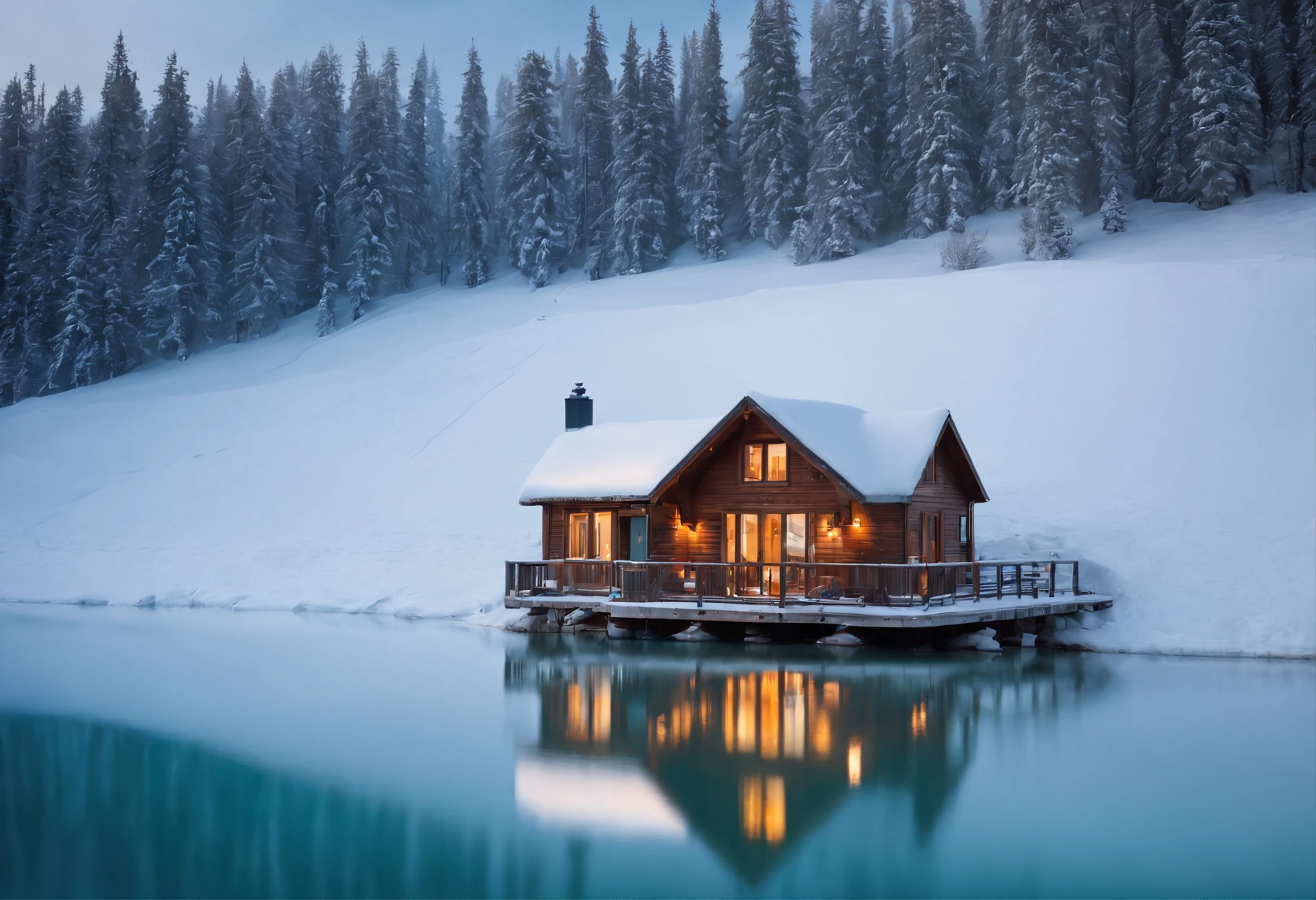 a small house, a lake with a boat in it surrounded by snow, a tilt shift photo by Raymond Normand, shutterstock, fine art, icy lake setting, frozen lake, winter lake setting, banff national park, ryan dyar, ice snowy lake setting, icy, beautiful lake, canada, cold but beautiful, an amazing landscape image, 1 2 9 7, incredibly beautiful