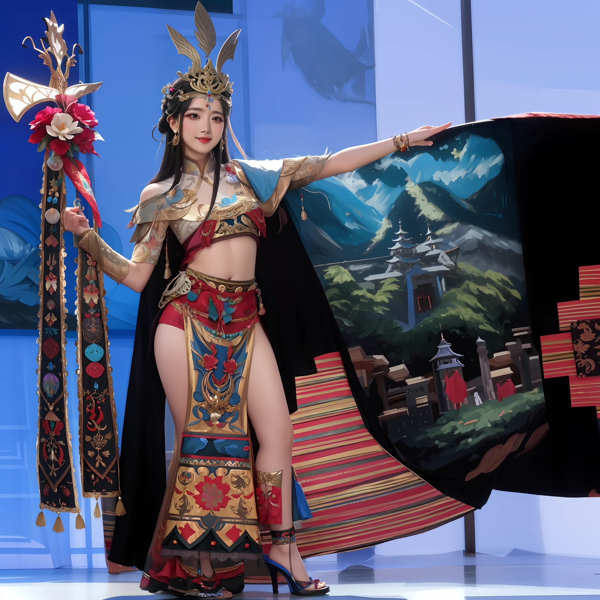 Araffe vestido con traje sosteniendo un gran trozo de tela, Xilaxia de cuerpo completo, inspirado por Lan Ying, she is dressed in shaman clothes, Ne zha de Smite, cosplay adornado, por Yang J, Keqing de Genshin Impact, a beautiful empress of fantasy, inspirado por Pu Hua, Zhongli de Genshin Impact