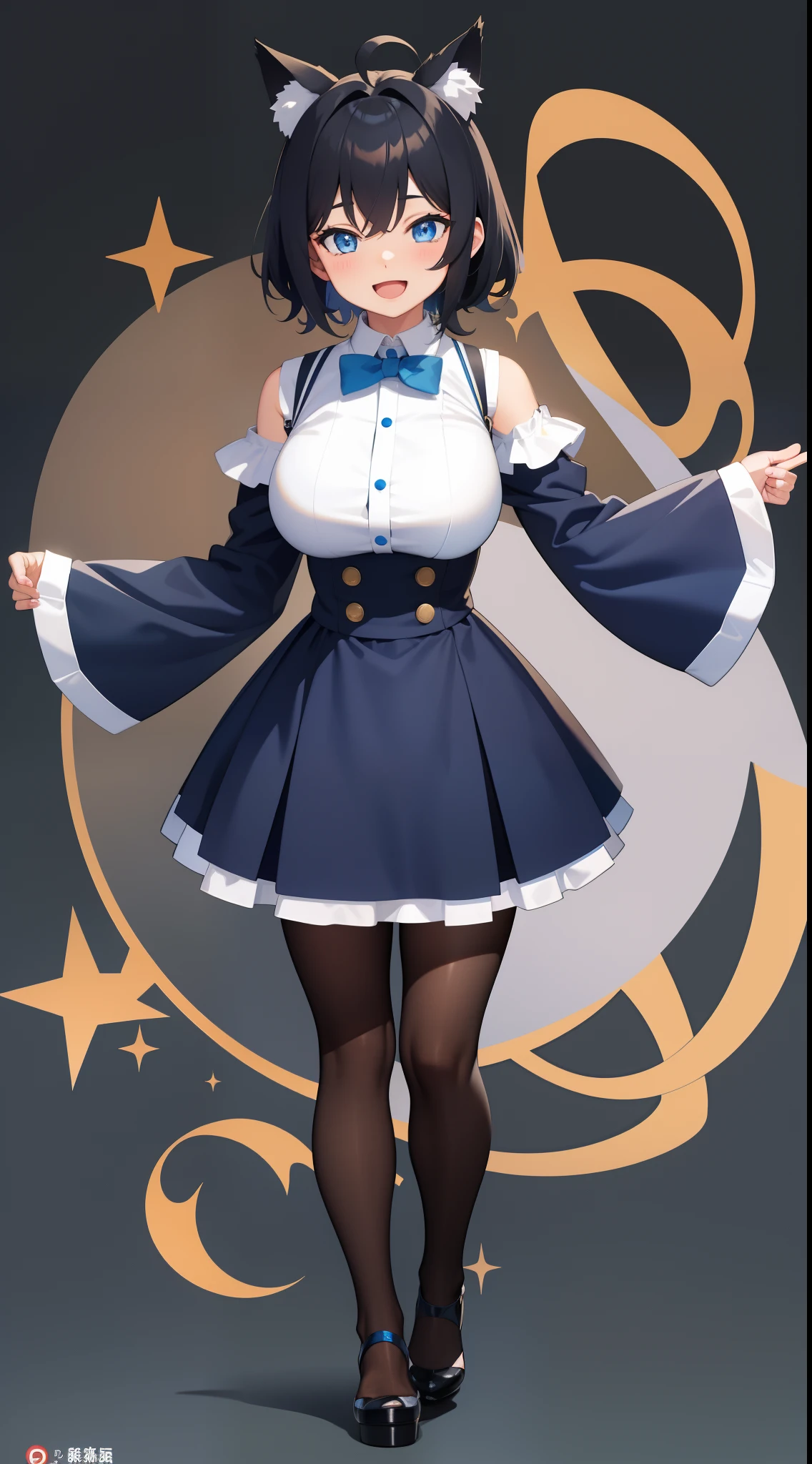Full body, Upright, Arms at sides, Looking at Viewer, Simple background, 1girl in, Open mouth, Smile, Virtual Youtuber、girl with、、((Best Quality, high_resolution, Distinct_image)),(Black hair), (Black cat ears), (Ahoge), (absurdly short hair), (Wavy Hair), (Blue eyes),、A smile、large full breasts、Twin-tailed
