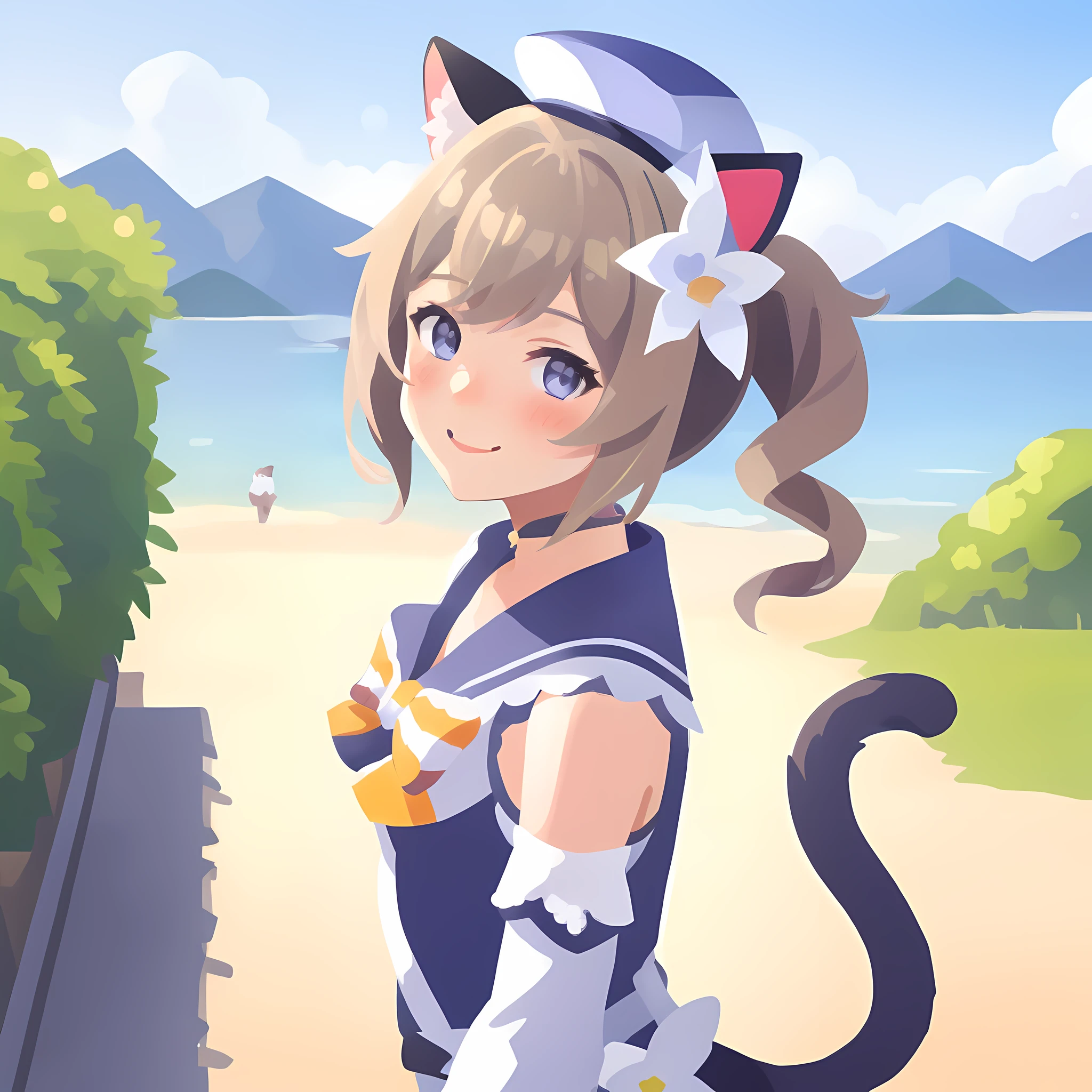 barbarasum, animal ears, fcat ears, cat girl, cat tail, hair flower, hair ornament, , short hair, tail, coloredic0n icon,upper body, smile, blush, outdoors, day, simple background, blue sky, short hair, sky, temple, looking at viewer, stairs, mountain, moody lighting, facing viewer