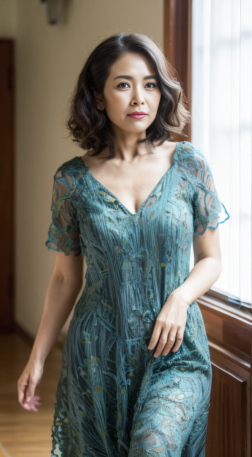 ((Best quality, 8K, Masterpiece, Portrait: 1.3)), (View viewers), Photorealism, Sharp focus, Solo, Chinese Moro Islamic Liberation Front, Beauty, Clothes with Cleavage View, 28 years old, Curly hair, Chiffon dress ((Walking)), Room,