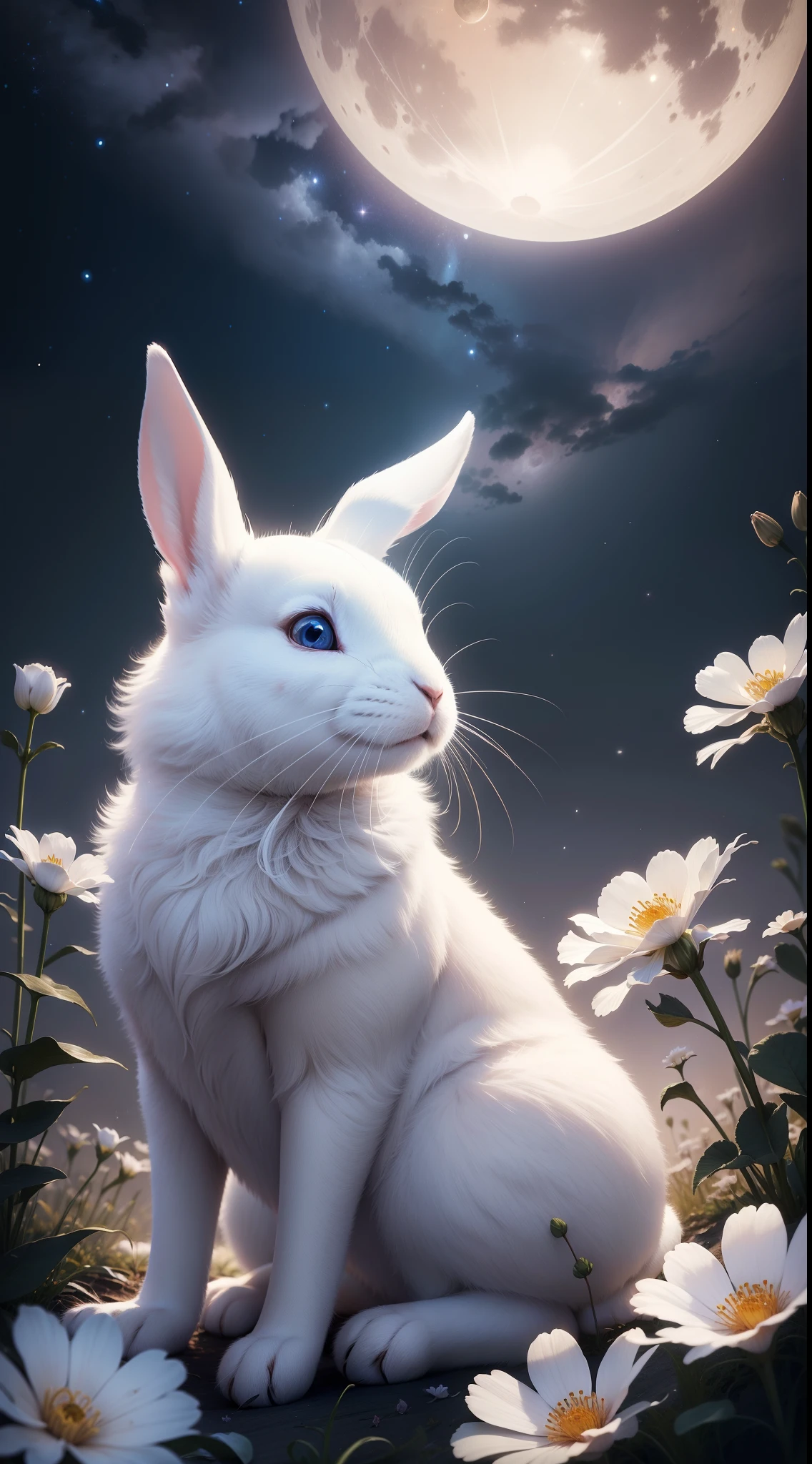 White rabbit looking up at the full moon、Cosmos flower、Beautiful starry sky