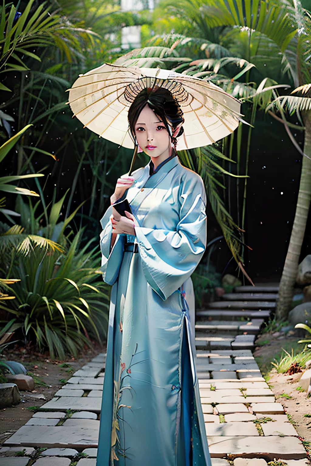 A woman in Hanfu,Stand in front of ancient buildings,Large depth of field,Mobile screen