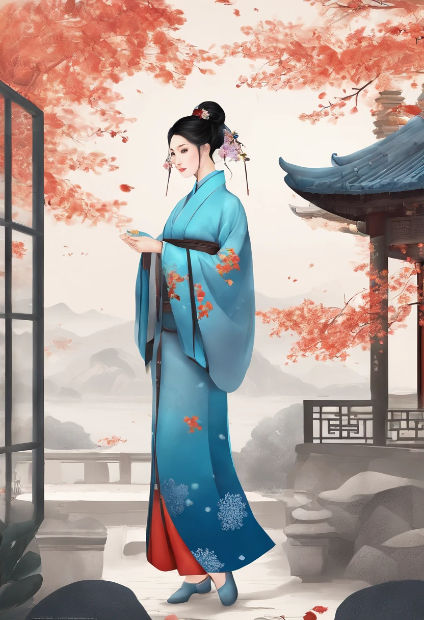 Autumn,Blue snowflakes,Courtyard in the middle of summer、The garden creates a tranquil atmosphere of blue,Traditional Chinese garden,A woman standing next to a flower in Hanfu,Landscape of people