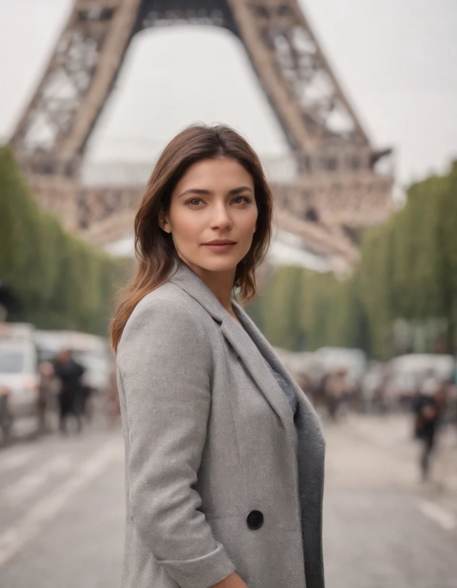 A woman standing on the street in France, Eiffel Tower, multiculturalism, sigma 85mm f/1.4 dg hsm art,