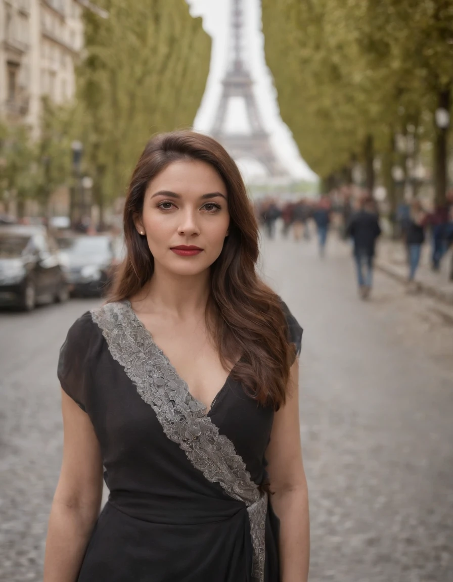 A woman standing on the street in France, Eiffel Tower, multiculturalism, sigma 85mm f/1.4 dg hsm art,