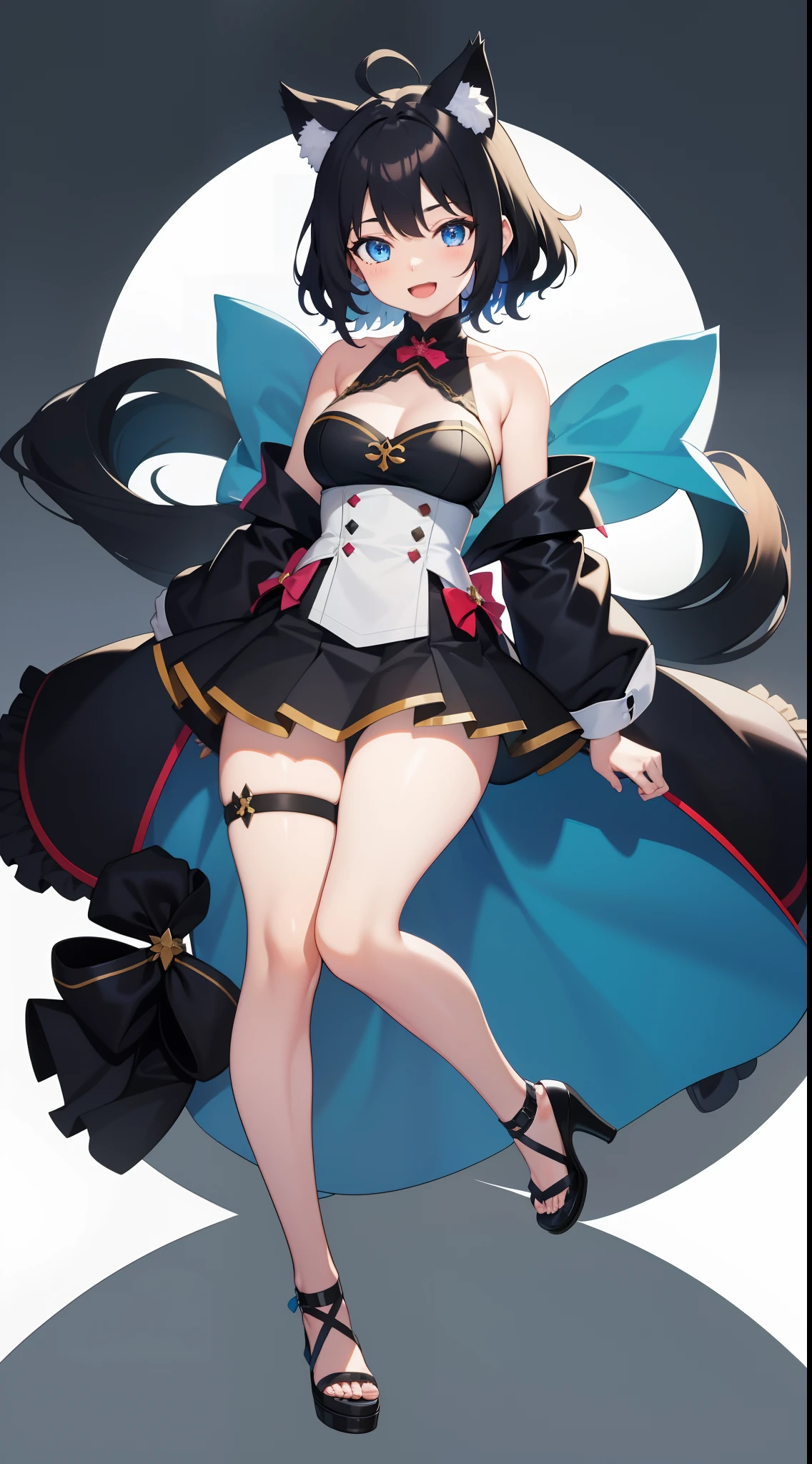 Full body, Upright, Arms at sides, Looking at Viewer, Simple background, 1girl in, Open mouth, Smile, Virtual Youtuber、girl with、、((Best Quality, high_resolution, Distinct_image)),(Black hair), (Black cat ears), (Ahoge), (absurdly short hair), (Wavy Hair), (Blue eyes),、A smile、large full breasts、Twin-tailed